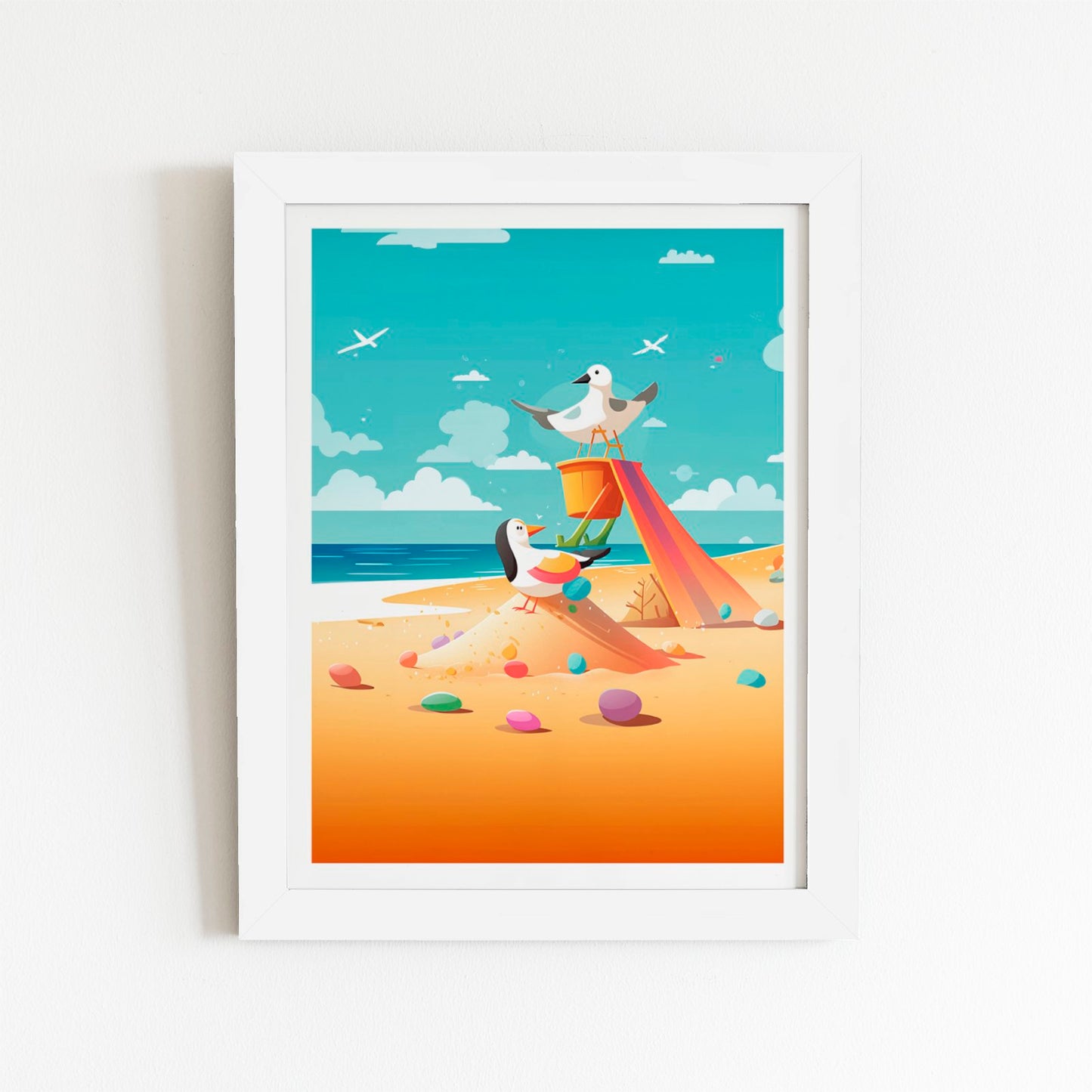 Seagulls On A Beach Holiday Art Prints