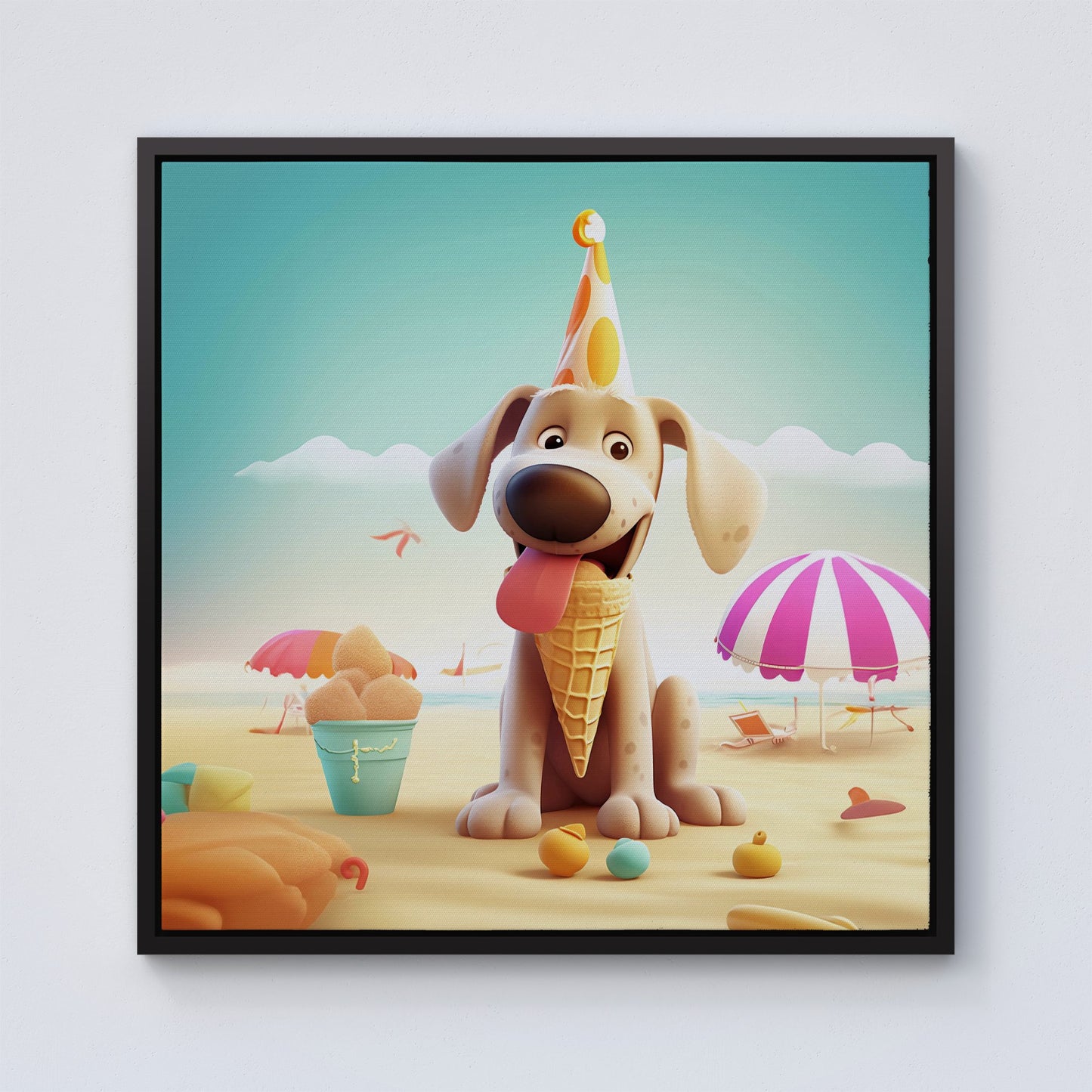Dog On A Beach Holiday Framed Canvas