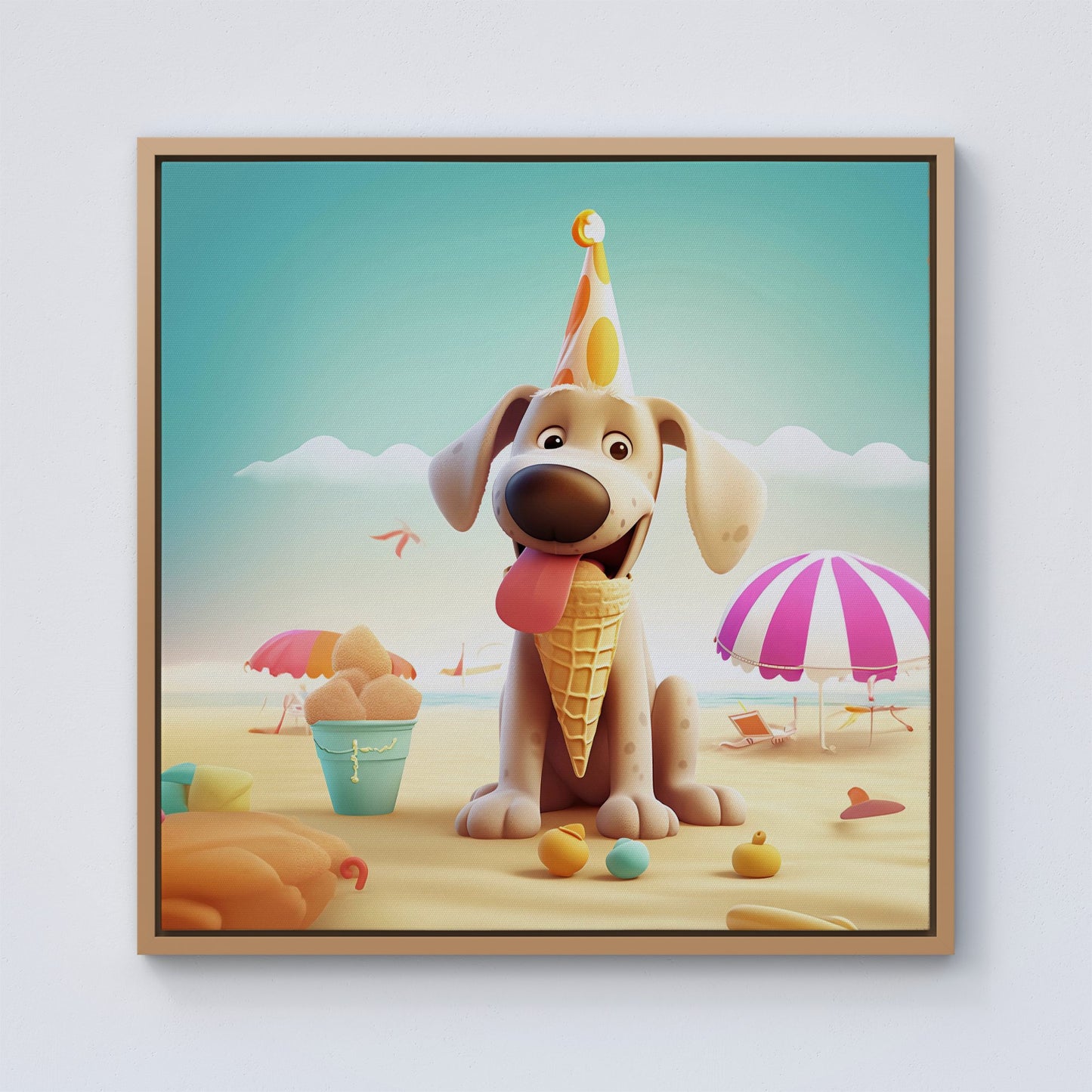 Dog On A Beach Holiday Framed Canvas