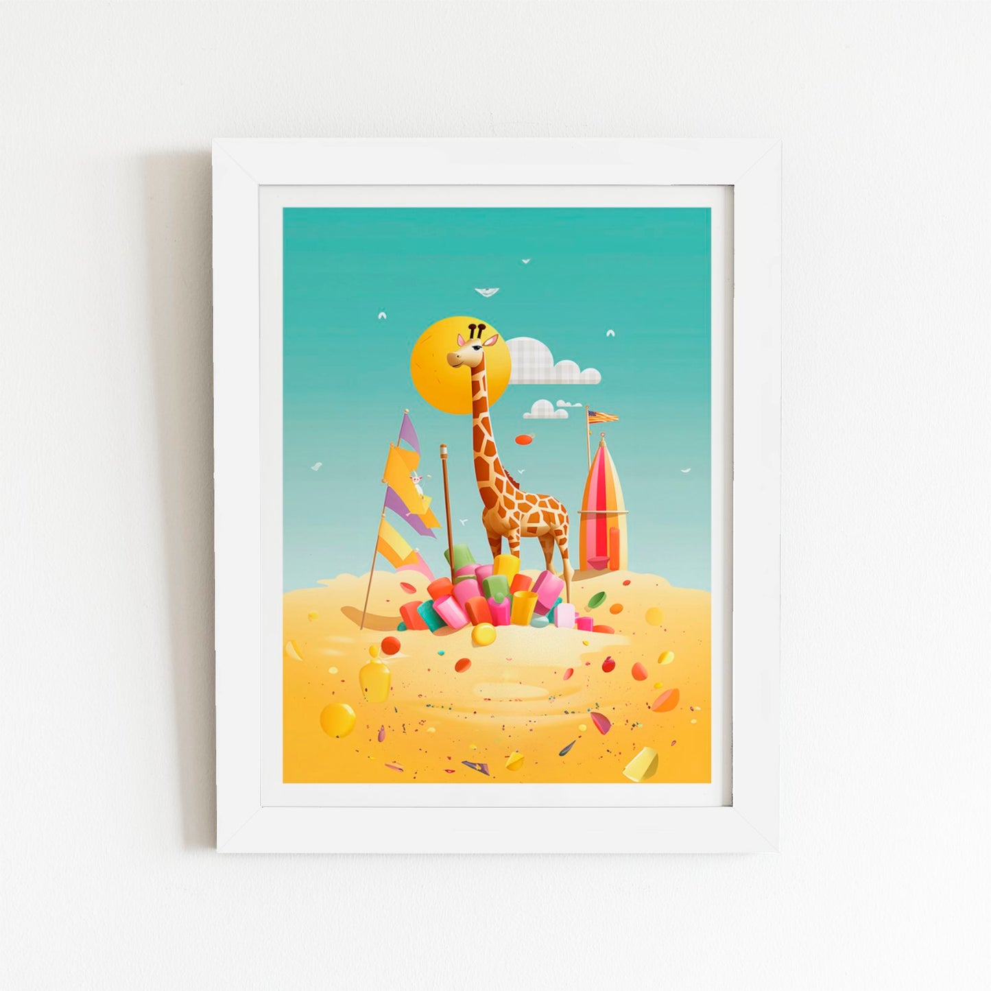 A Giraffe On A Beach Holiday Art Prints