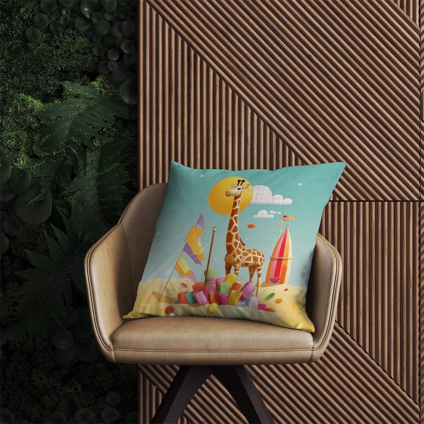A Giraffe On A Beach Holiday Outdoor Cushion