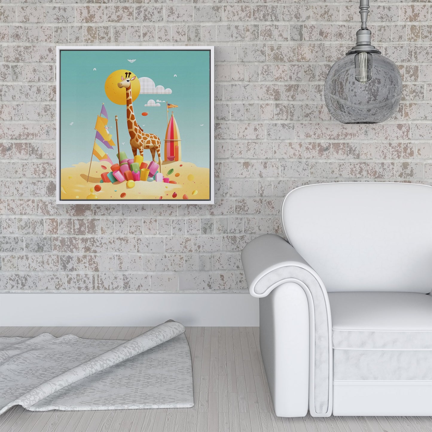 A Giraffe On A Beach Holiday Framed Canvas