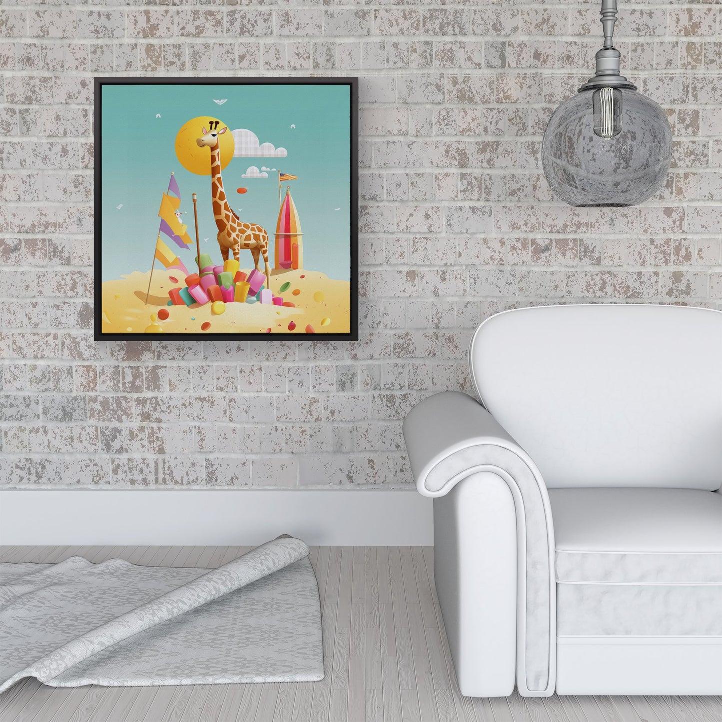 A Giraffe On A Beach Holiday Framed Canvas
