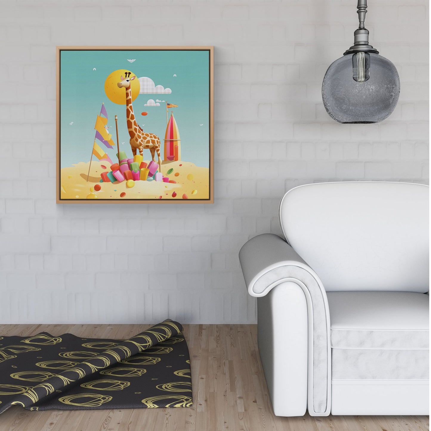 A Giraffe On A Beach Holiday Framed Canvas