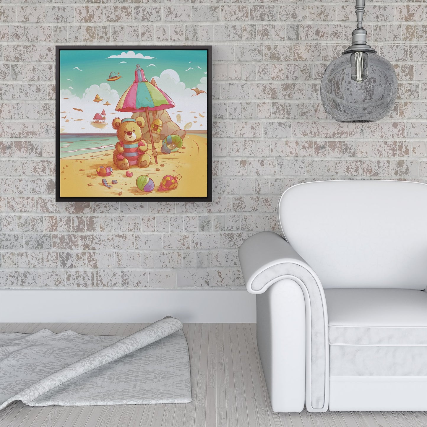 Lucky Teddy Bear On A Beach Holiday Framed Canvas