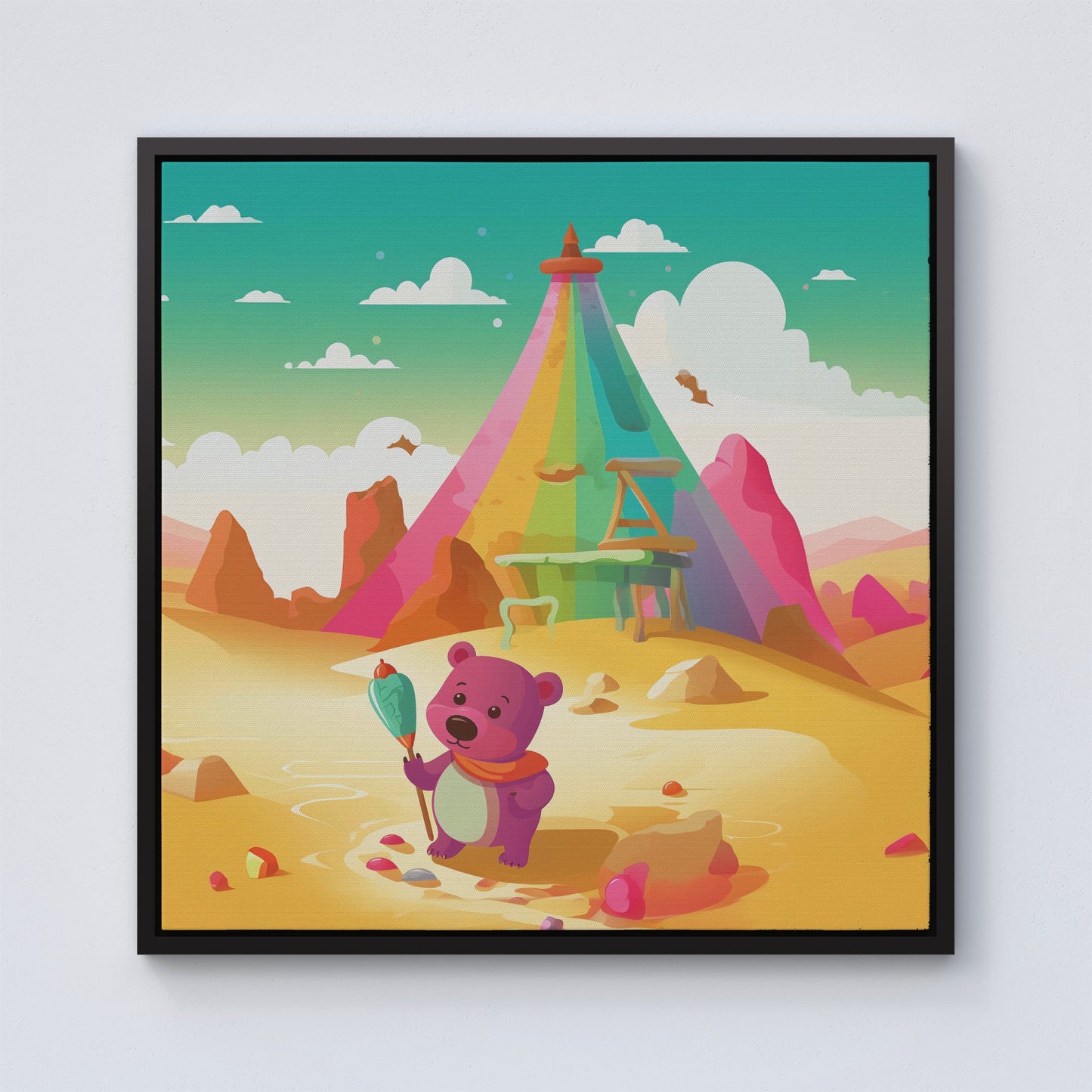 Purple Bear On A Beach Holiday Framed Canvas