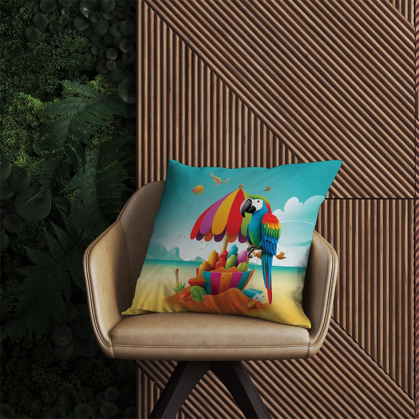 Parrot On A Beach Holiday Outdoor Cushion