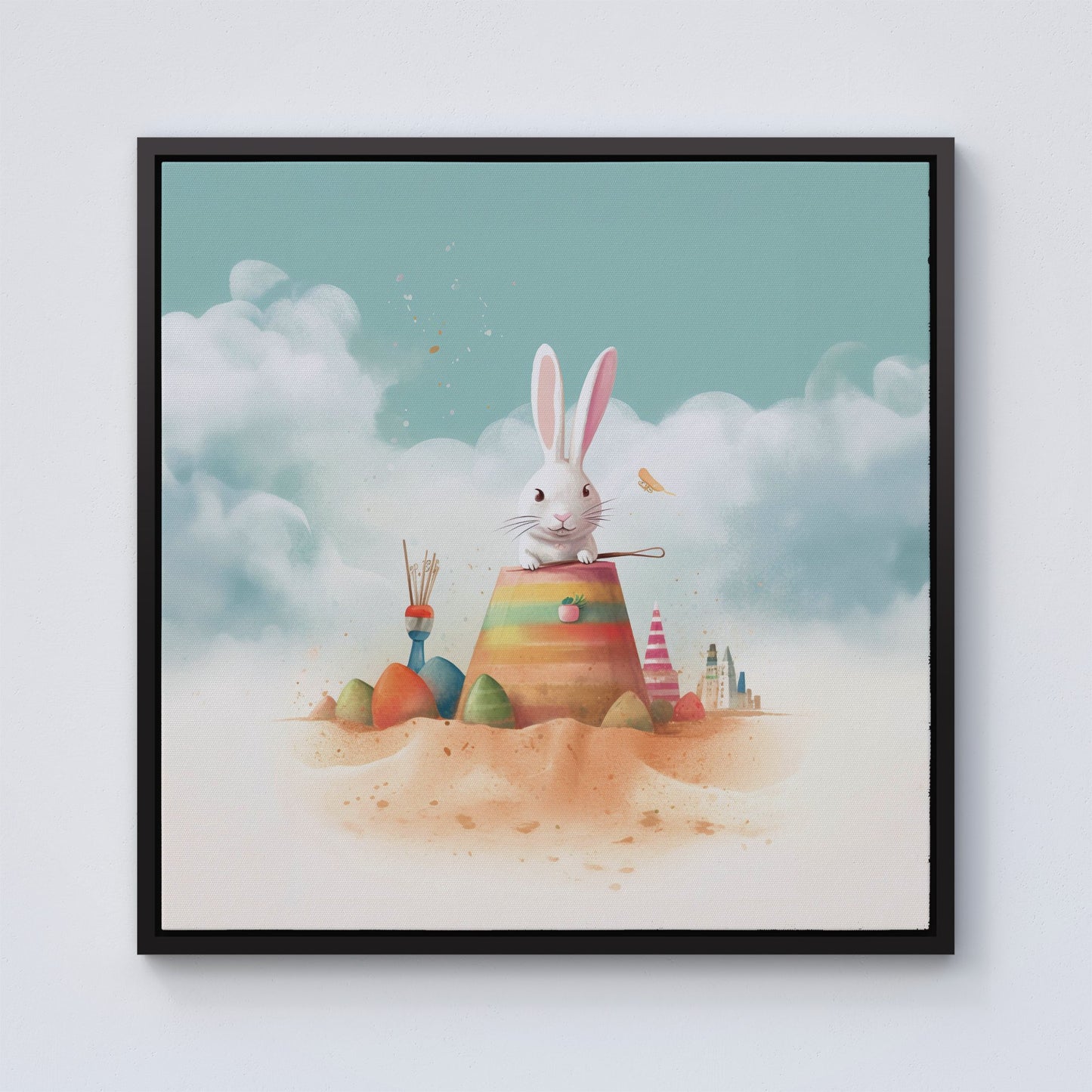 White Rabbit On A Beach Holiday Framed Canvas