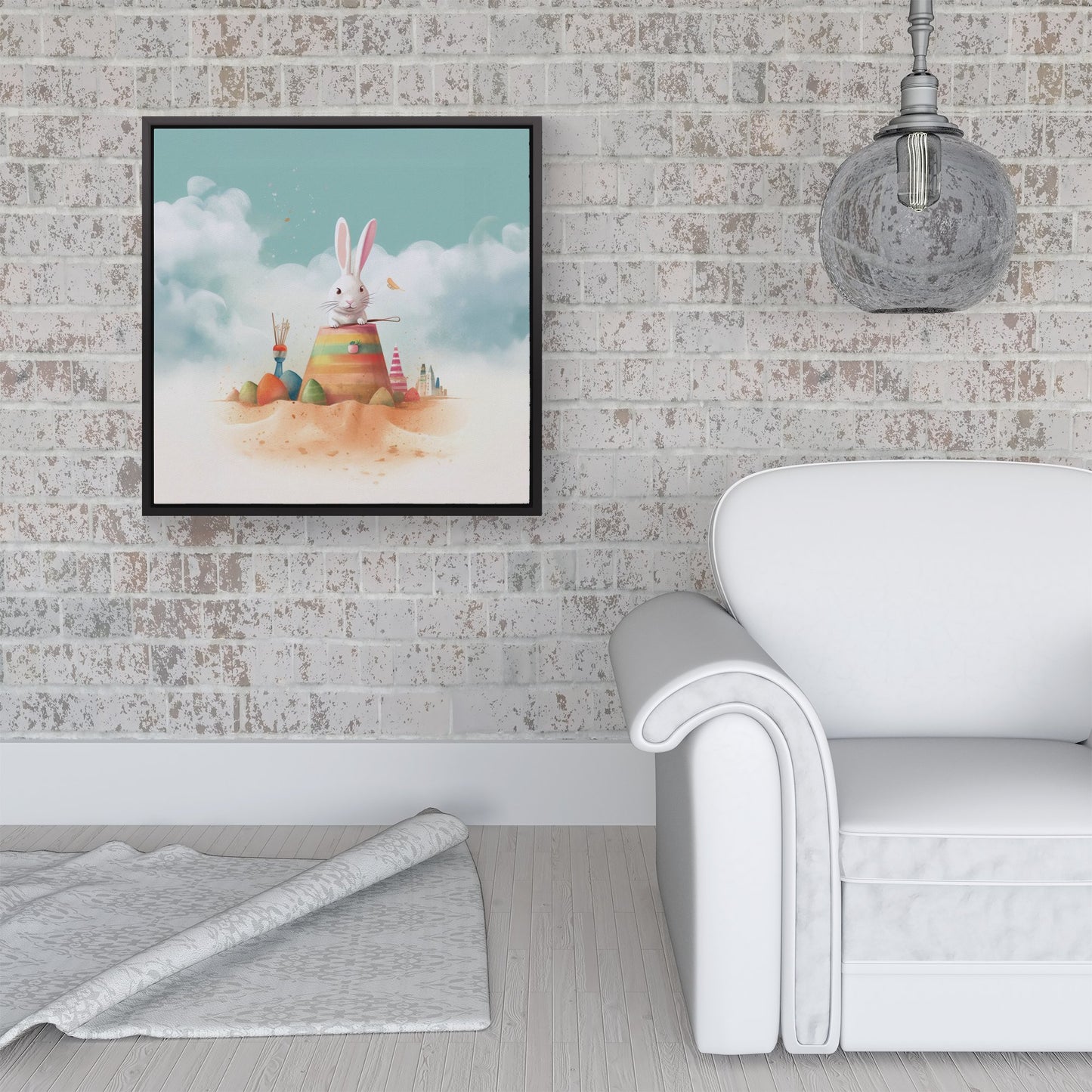 White Rabbit On A Beach Holiday Framed Canvas