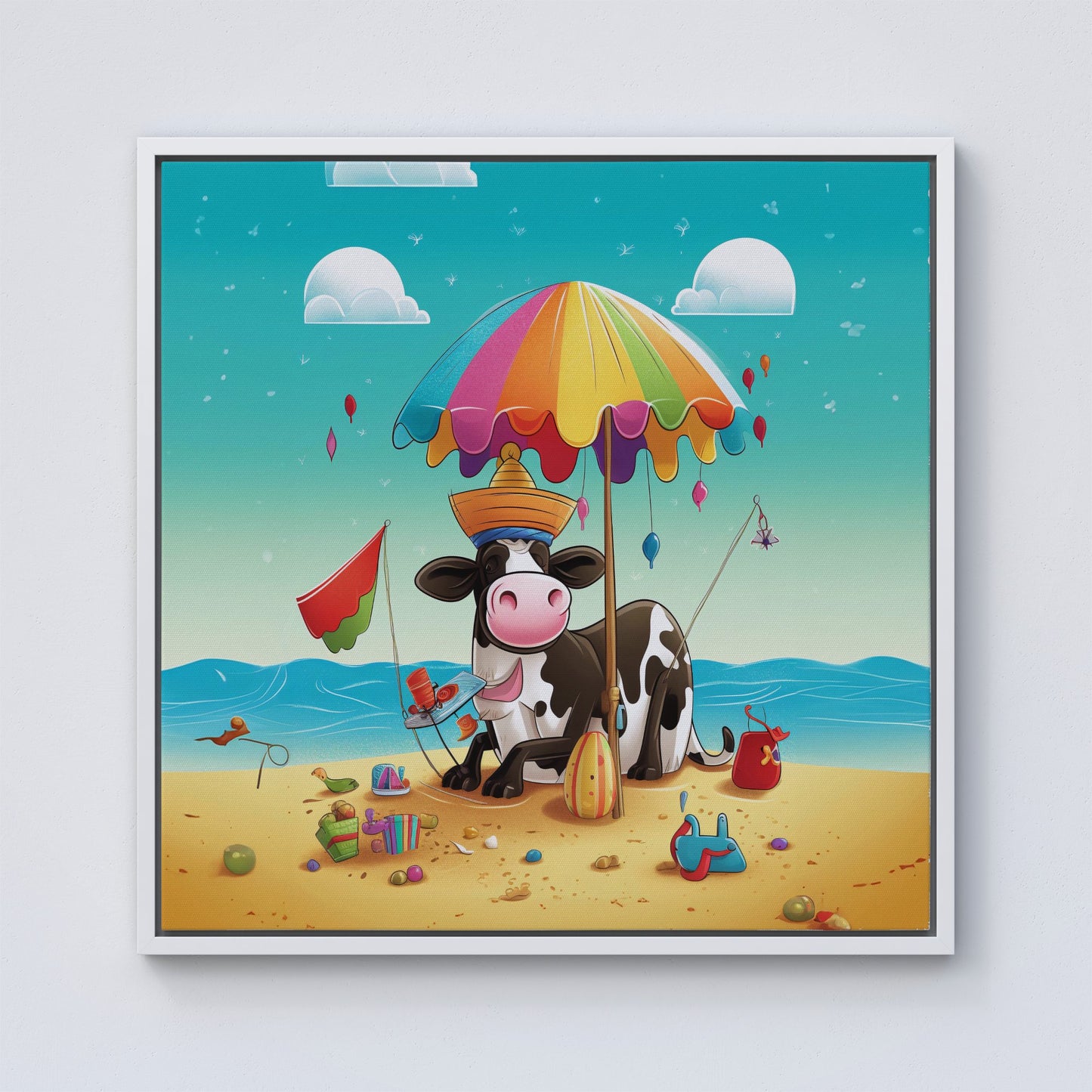 Cow On A Beach Holiday Framed Canvas