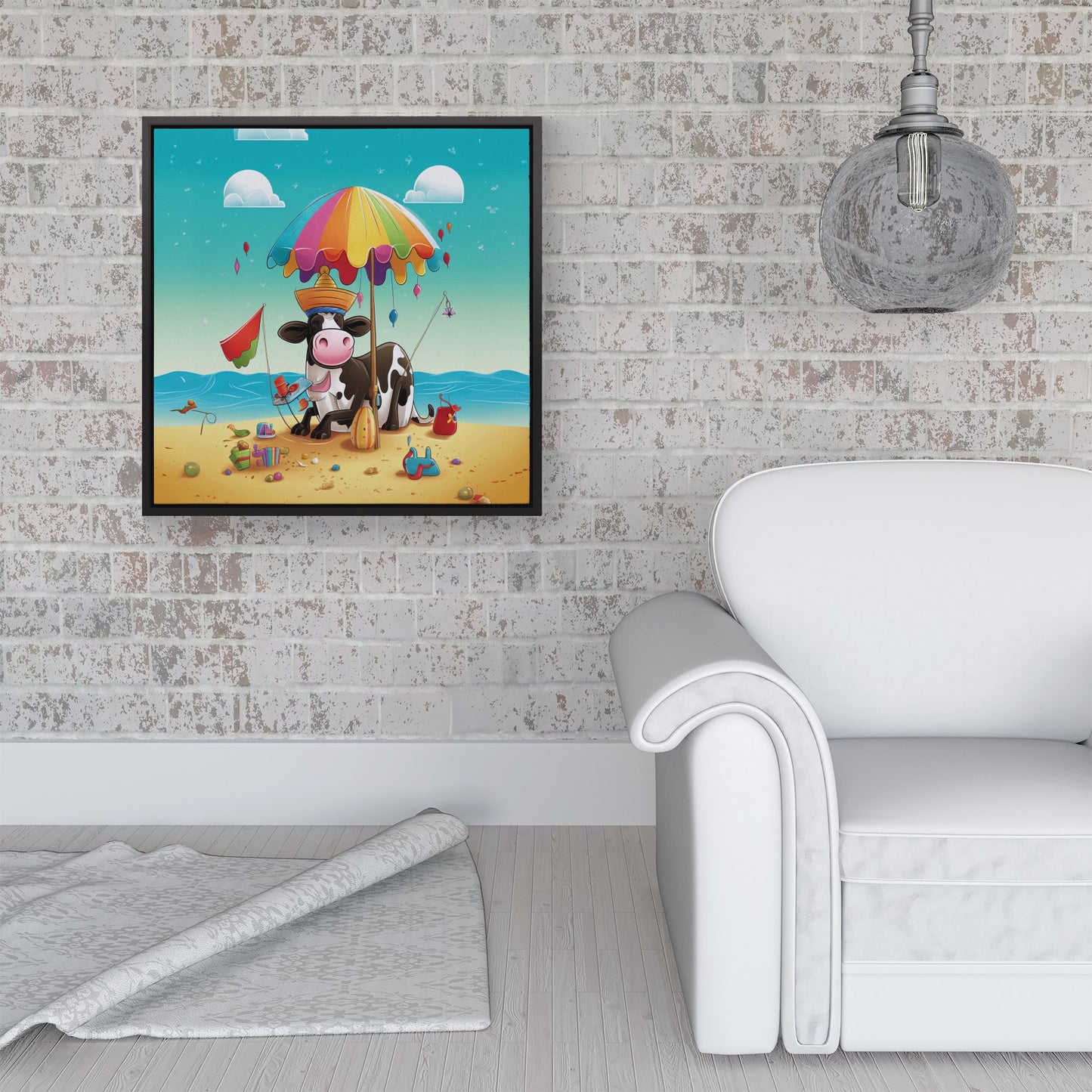 Cow On A Beach Holiday Framed Canvas