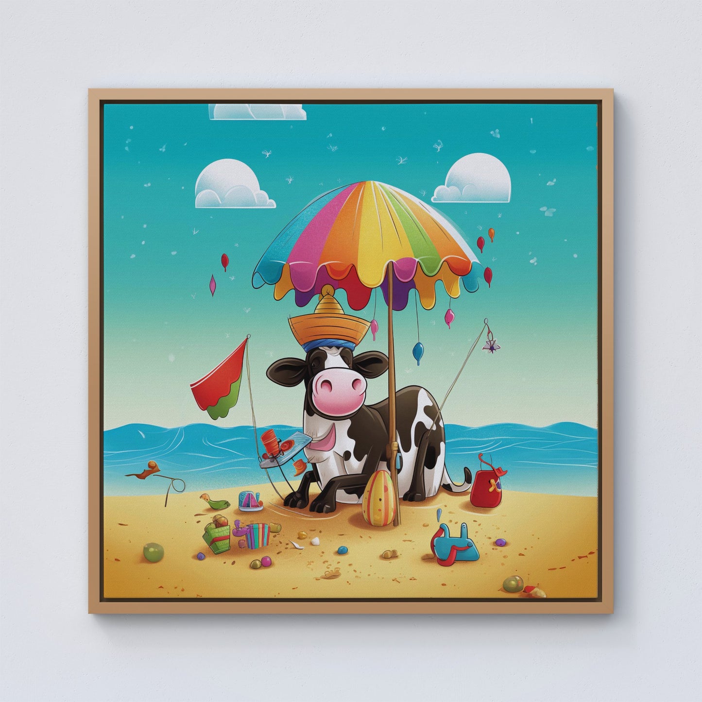 Cow On A Beach Holiday Framed Canvas