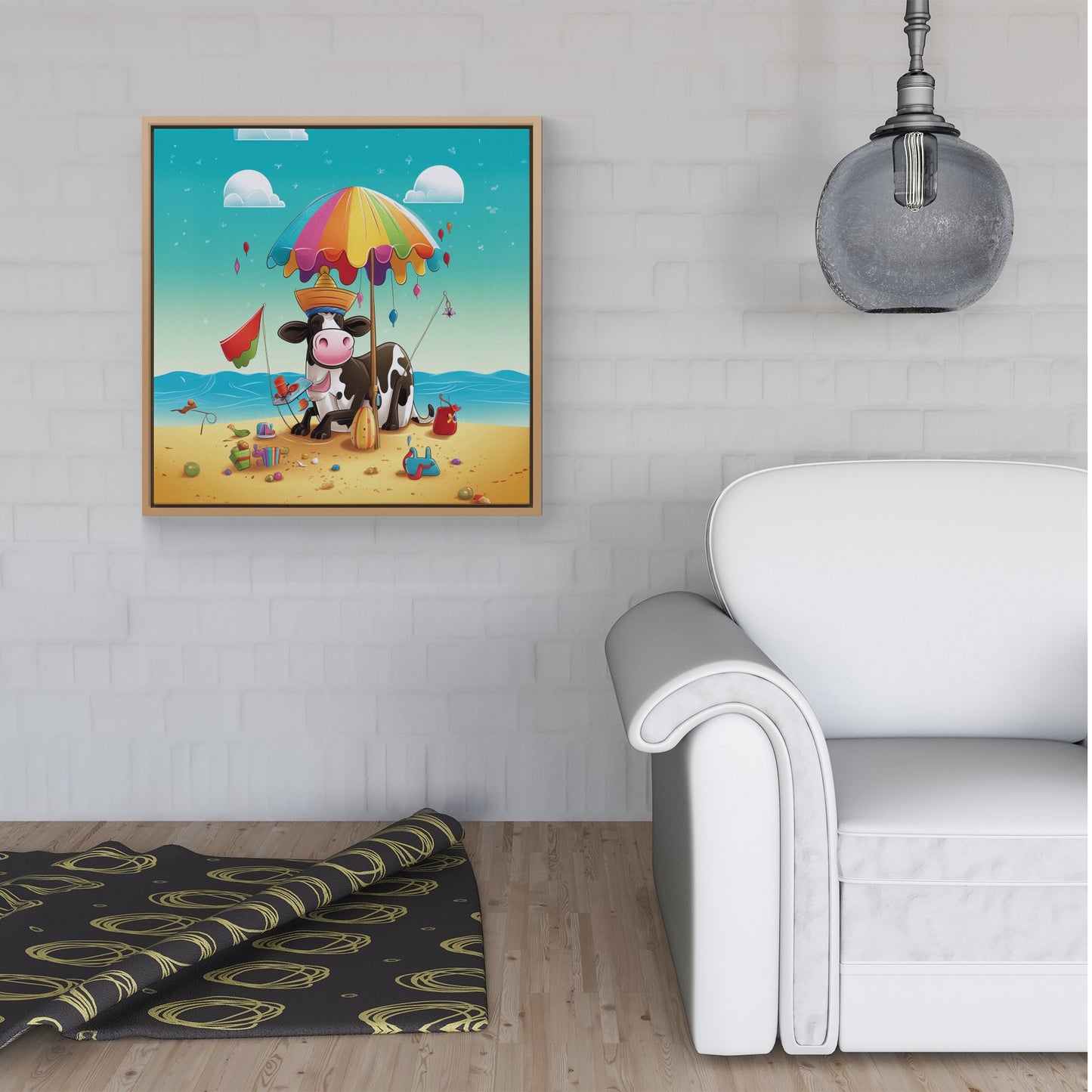 Cow On A Beach Holiday Framed Canvas