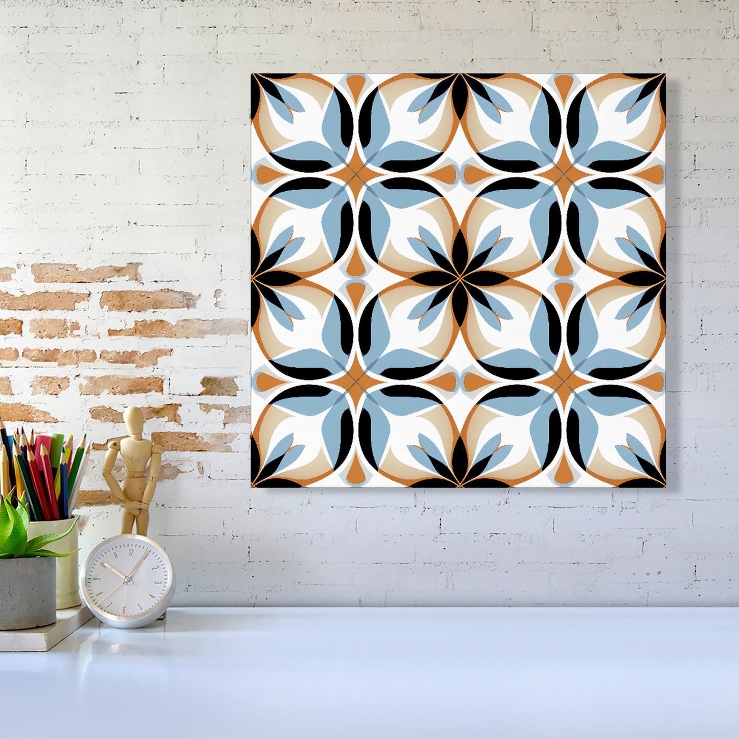 White Brown and Blue Geometric Pattern Canvas