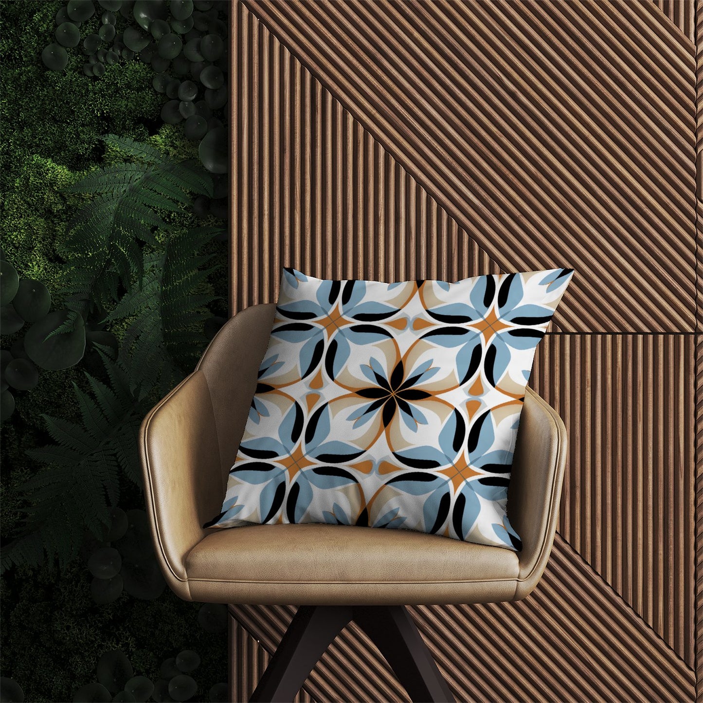 White Brown and Blue Geometric Pattern Outdoor Cushion
