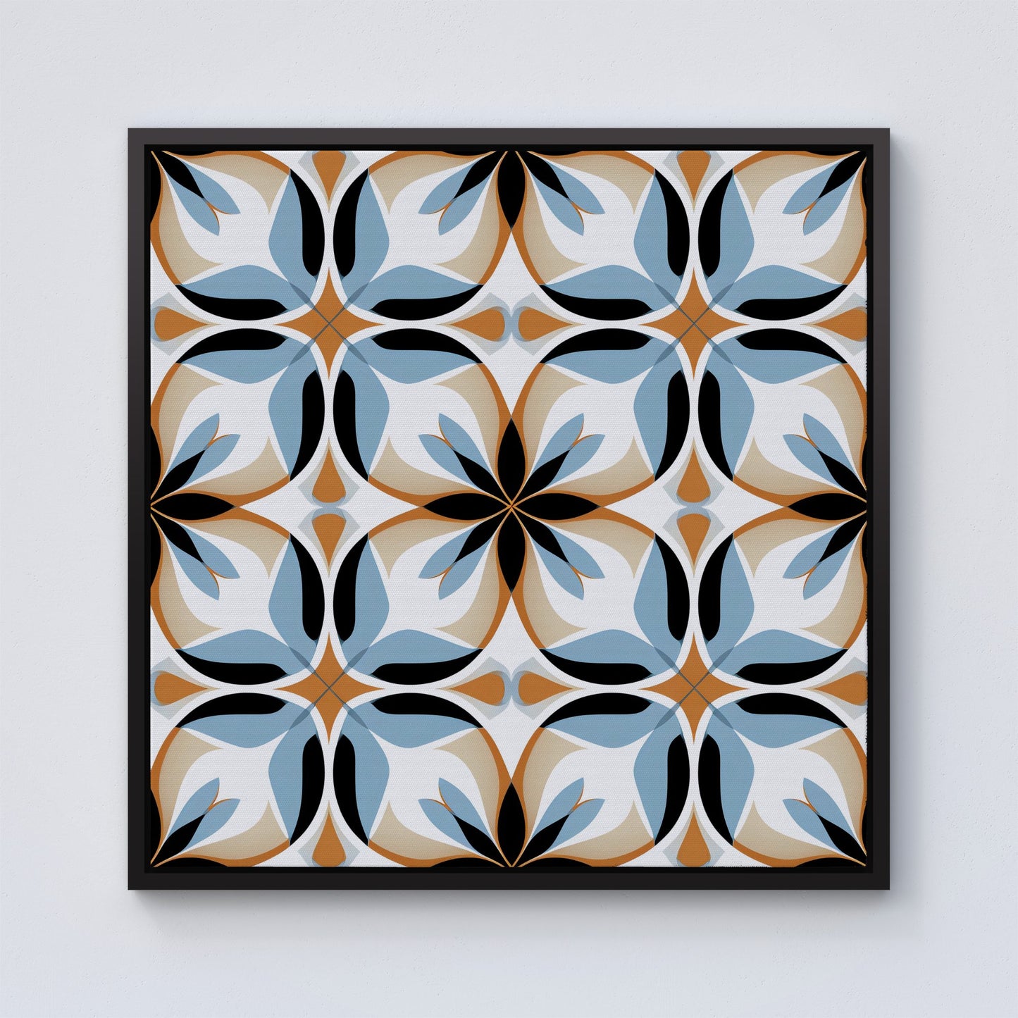 White Brown and Blue Geometric Pattern Framed Canvas