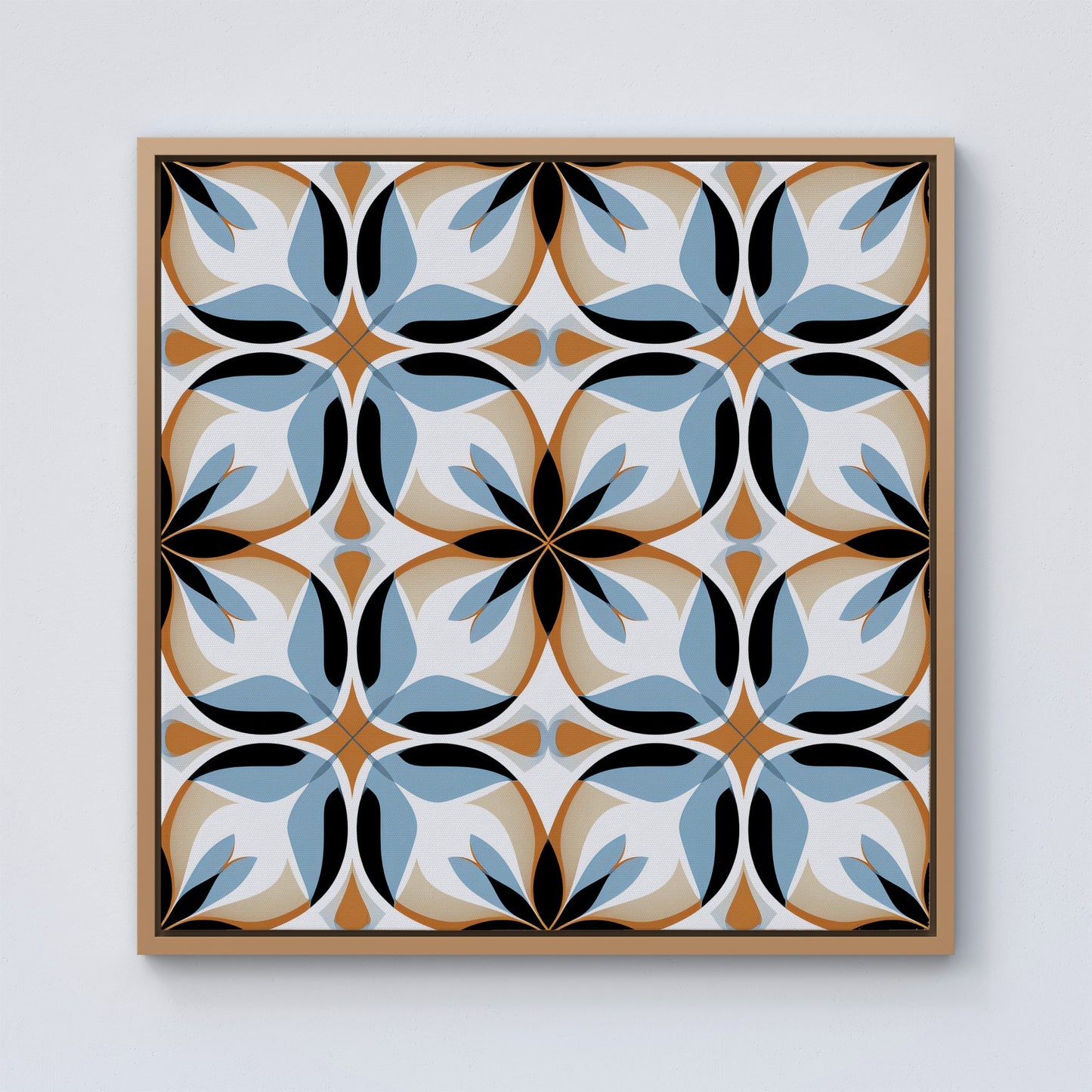 White Brown and Blue Geometric Pattern Framed Canvas
