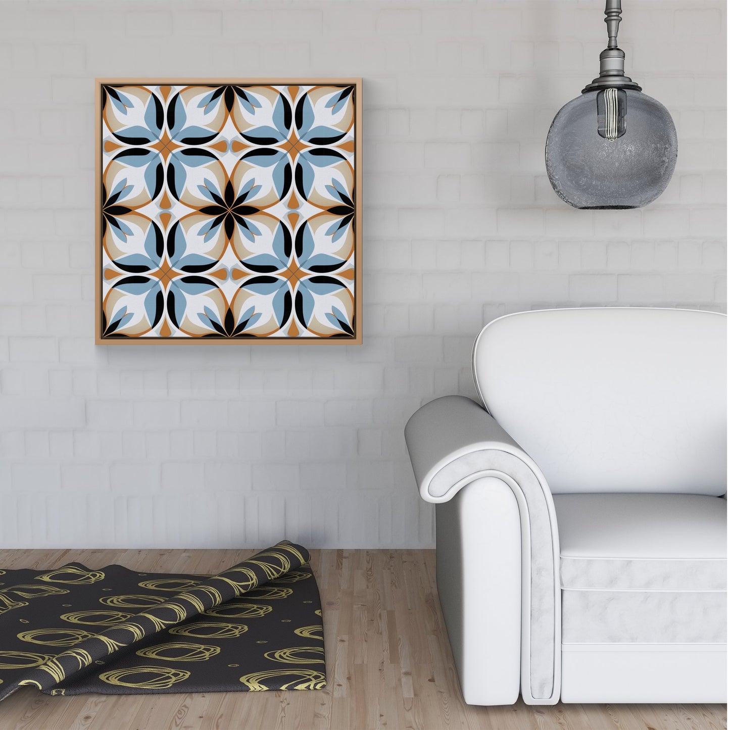 White Brown and Blue Geometric Pattern Framed Canvas