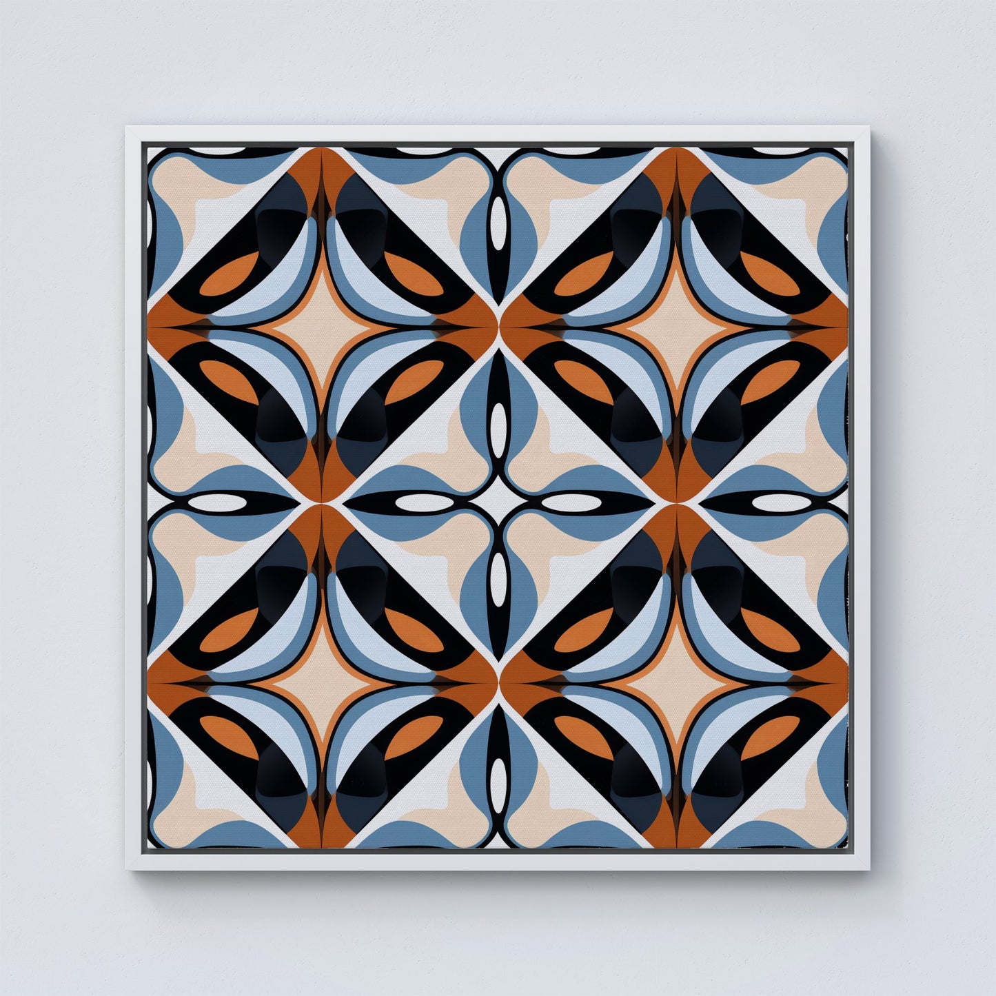 Brown And Blue Geometric Pattern Framed Canvas