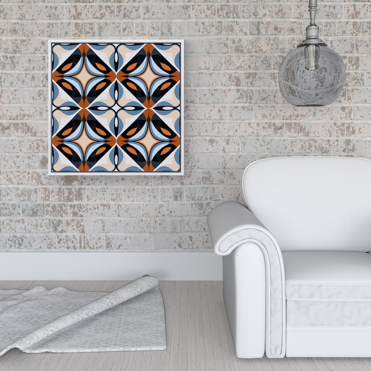 Brown And Blue Geometric Pattern Framed Canvas