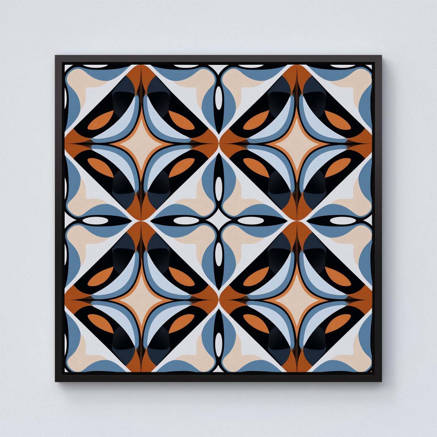Brown And Blue Geometric Pattern Framed Canvas