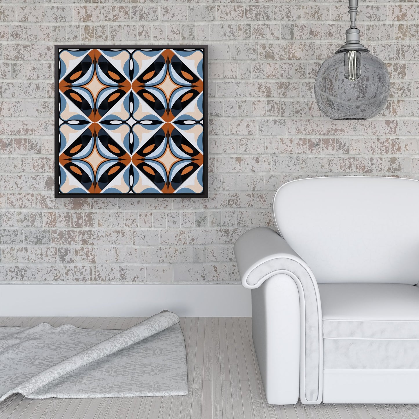 Brown And Blue Geometric Pattern Framed Canvas