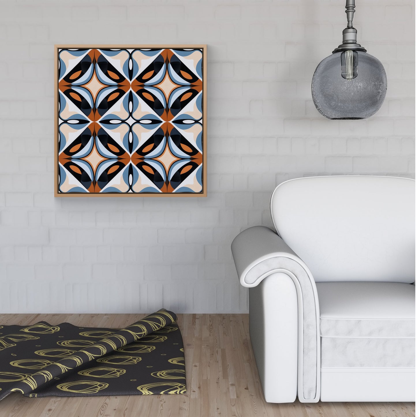 Brown And Blue Geometric Pattern Framed Canvas