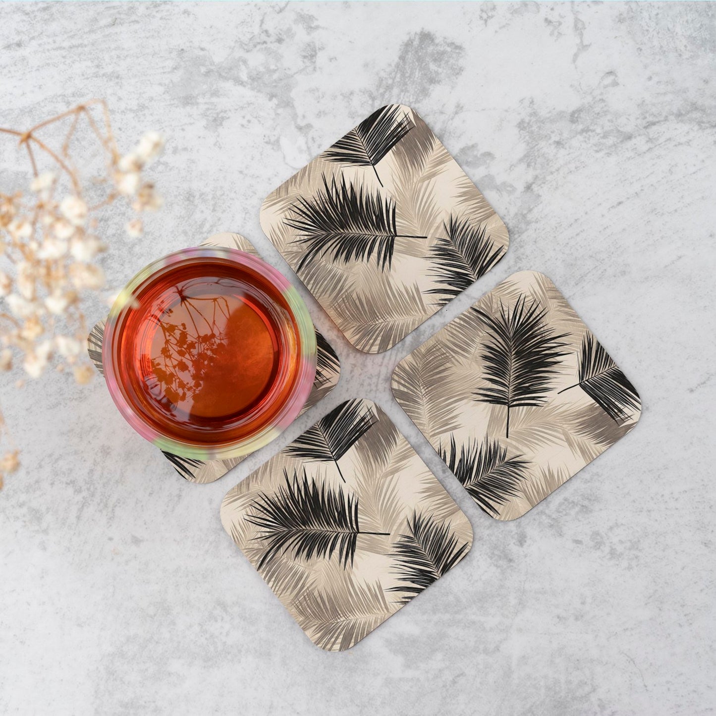 Black And White Tropical Palm Leaves Coasters