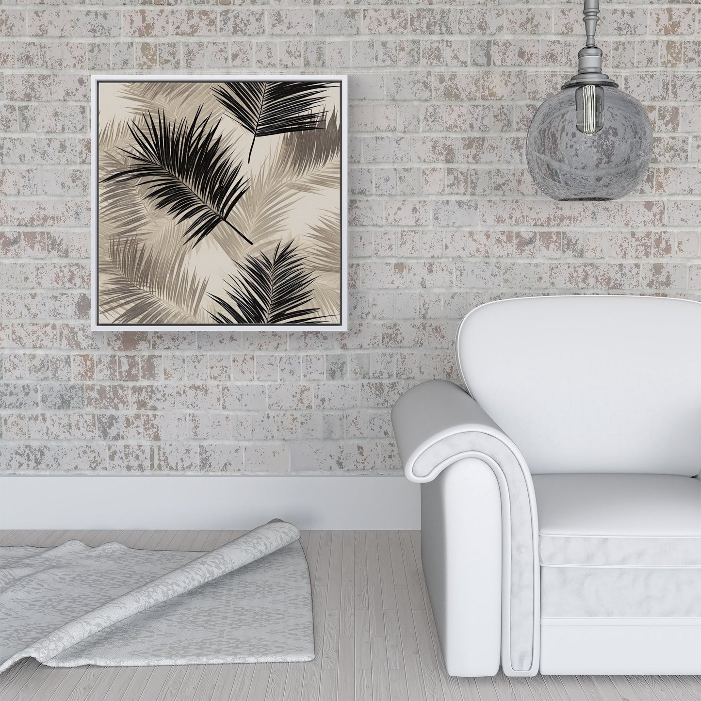 Black And White Tropical Palm Leaves Framed Canvas