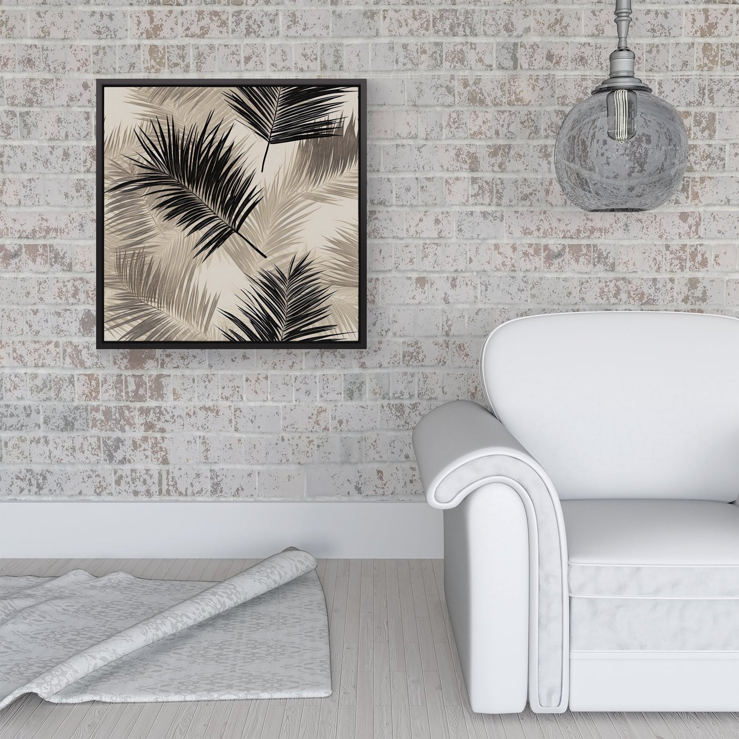 Black And White Tropical Palm Leaves Framed Canvas