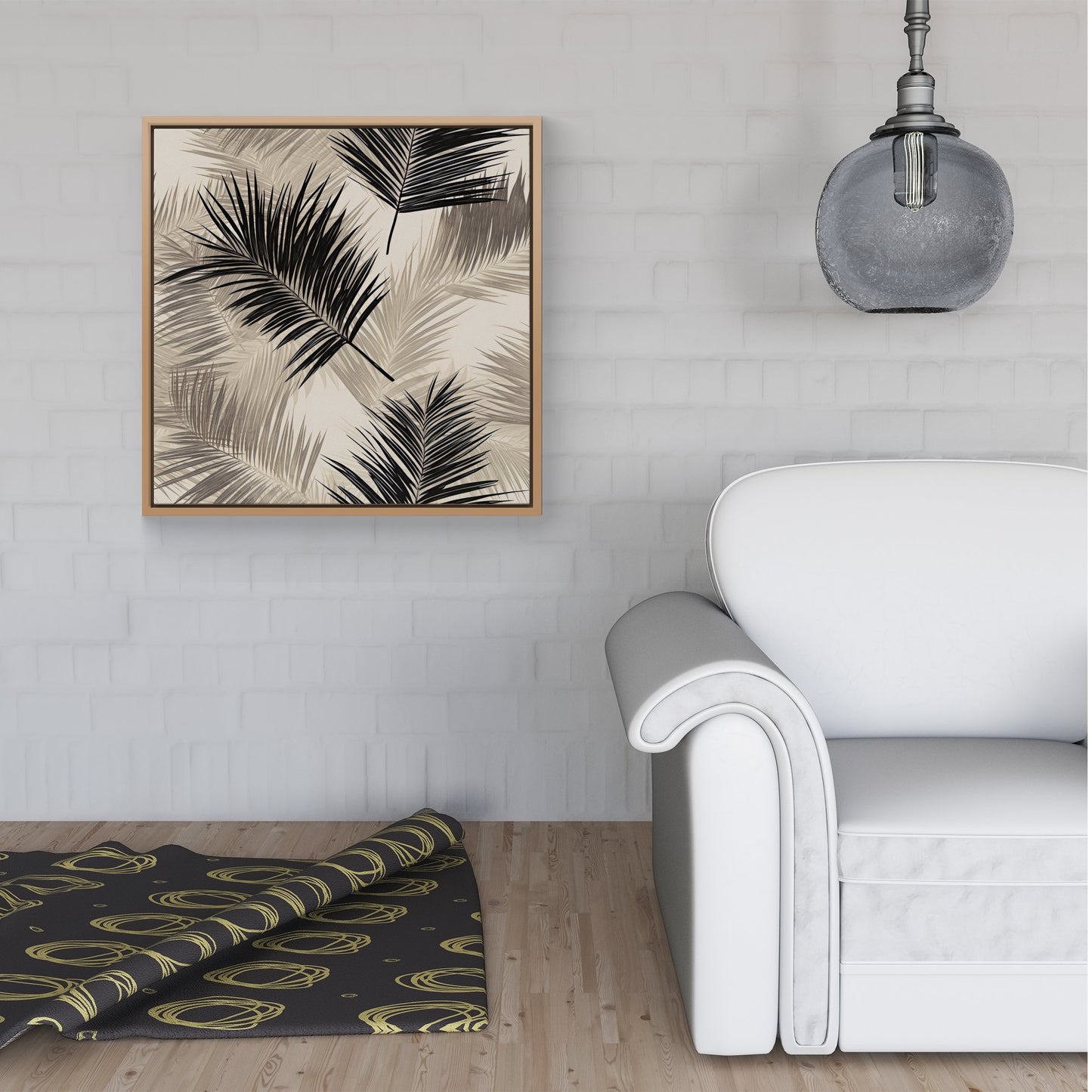 Black And White Tropical Palm Leaves Framed Canvas