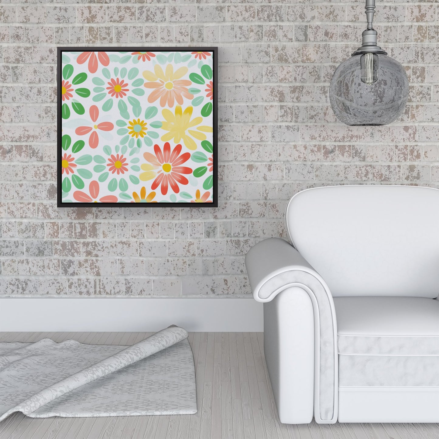 Green and Yellow Flowers Framed Canvas