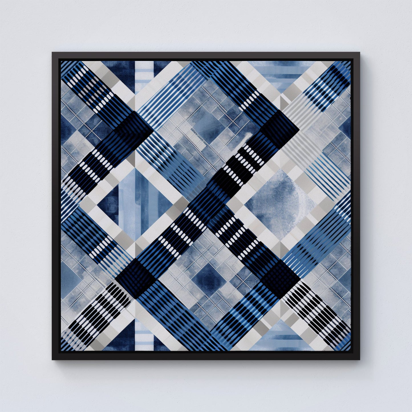 Checkered Square Black And Blue Framed Canvas
