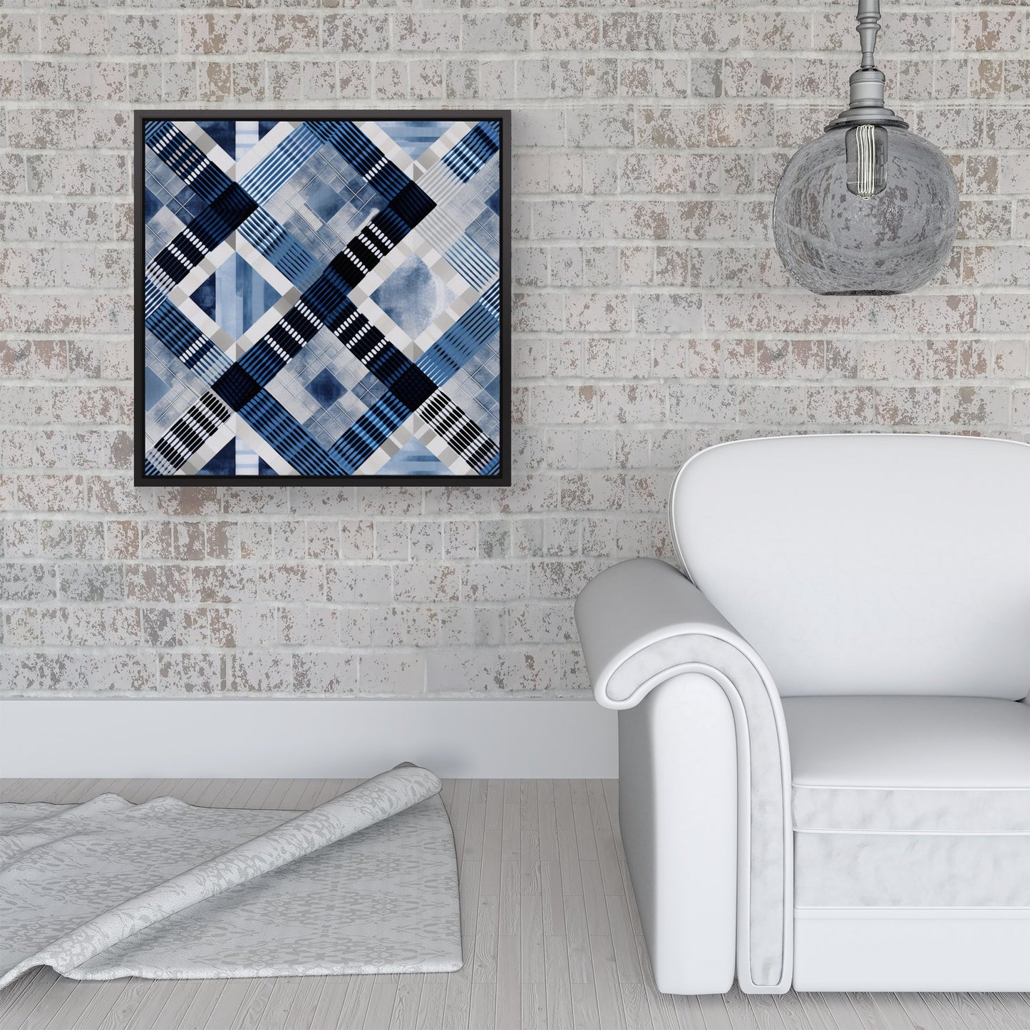Checkered Square Black And Blue Framed Canvas
