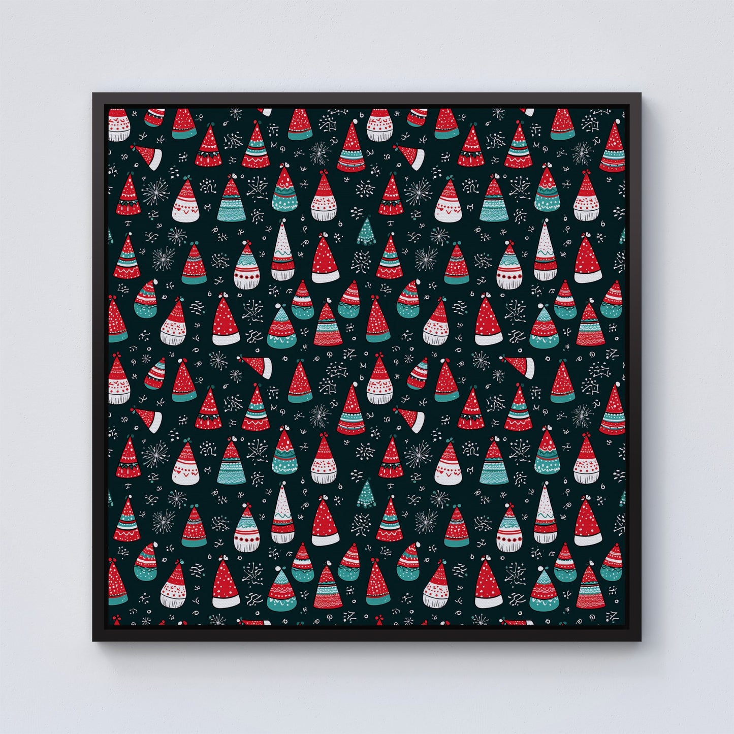Hand Drawn Cheerful Santa Hats Framed Canvas
