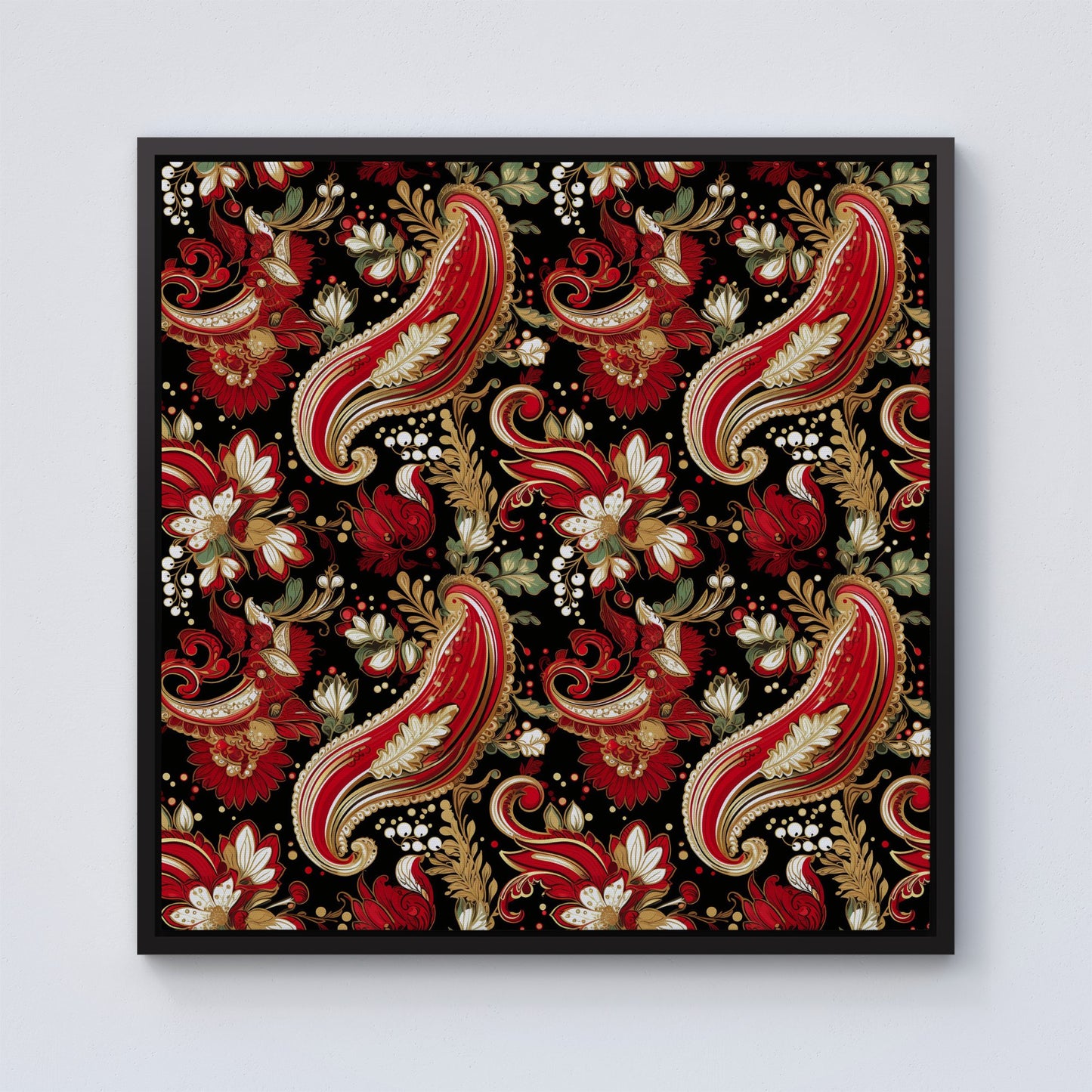 Paisley Christmas Stars Red Framed Canvas