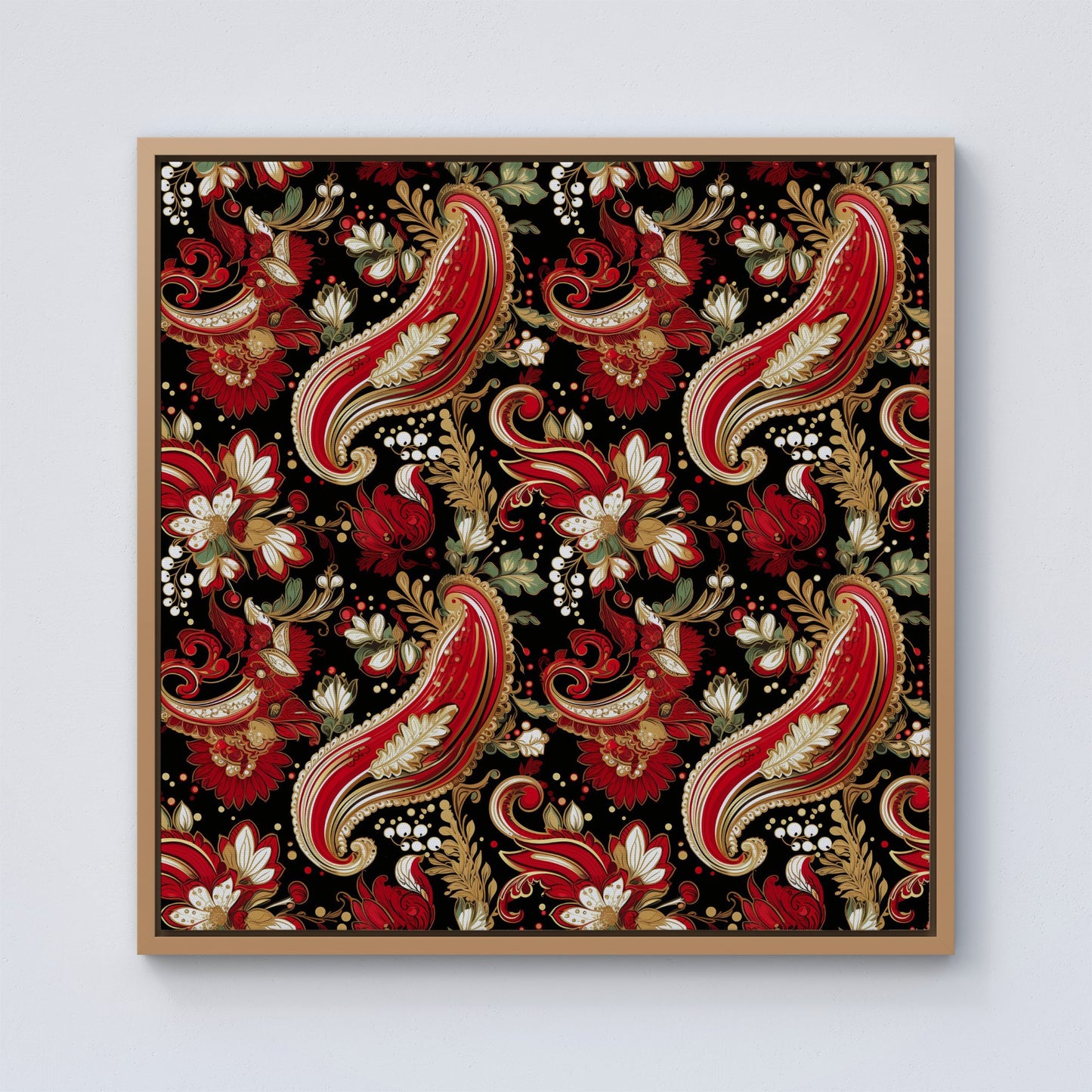 Paisley Christmas Stars Red Framed Canvas