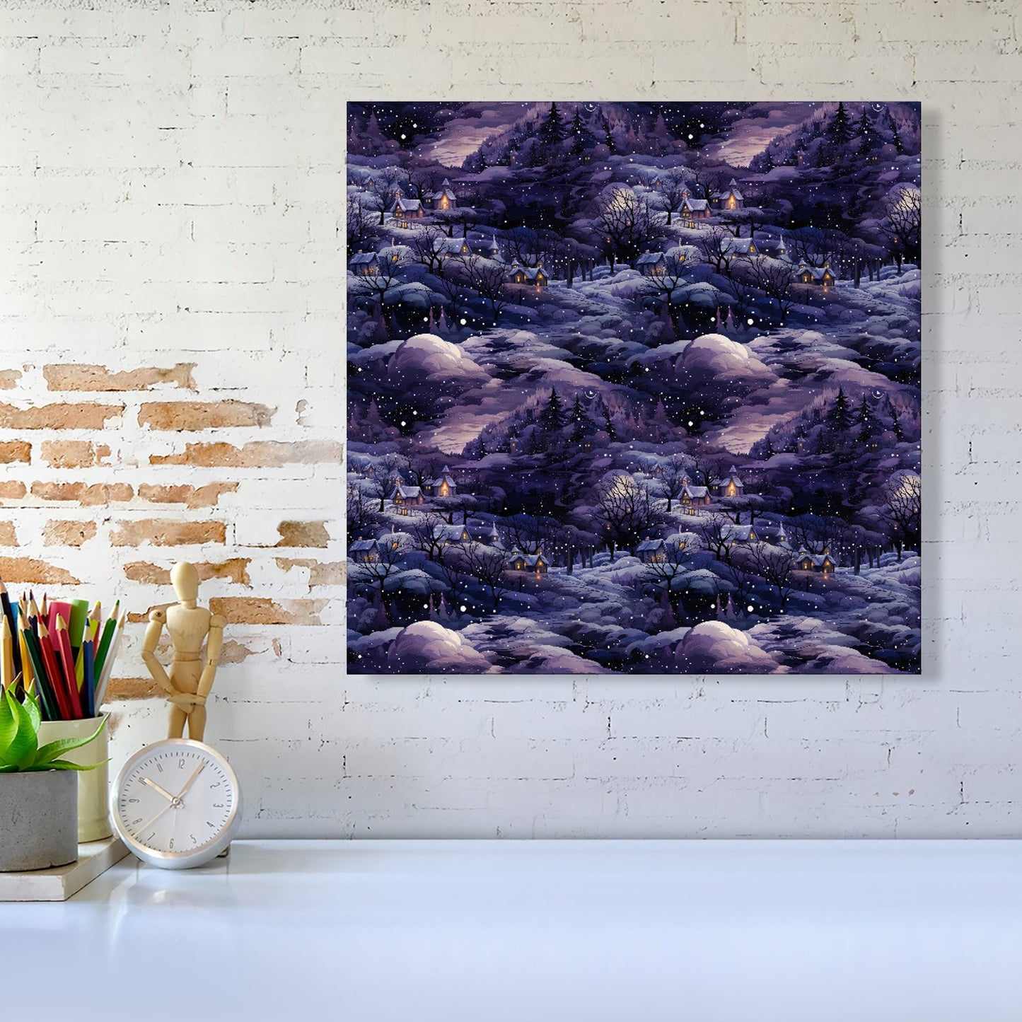 Snowy Christmas Village On A Starry Night Canvas
