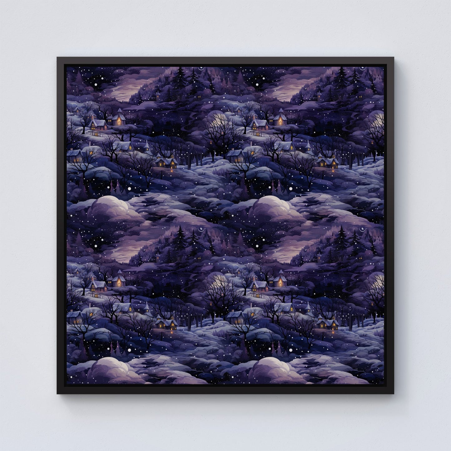 Snowy Christmas Village On A Starry Night Framed Canvas