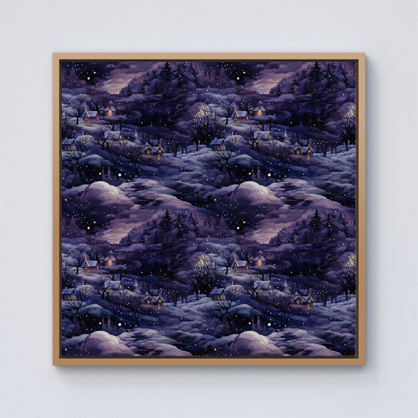 Snowy Christmas Village On A Starry Night Framed Canvas