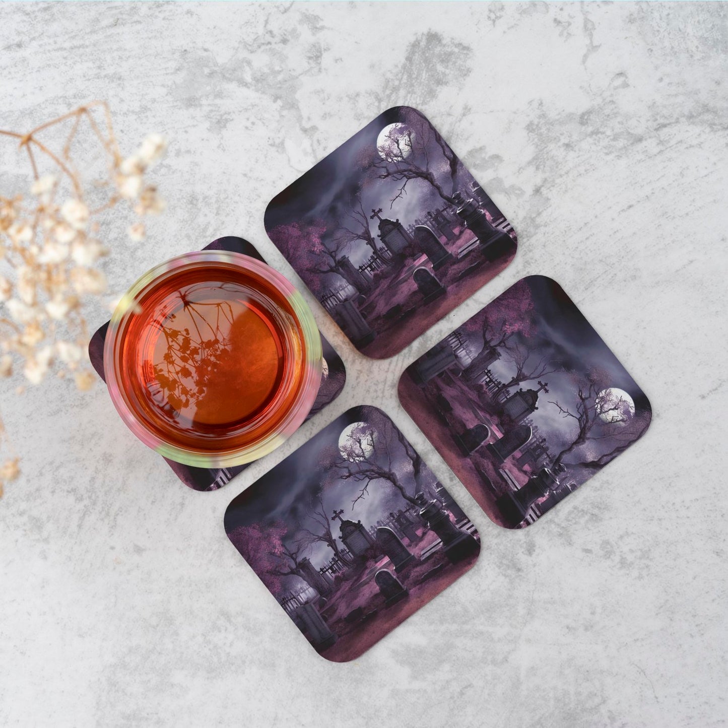 Witchs Moonlit Cemetery Design Coasters