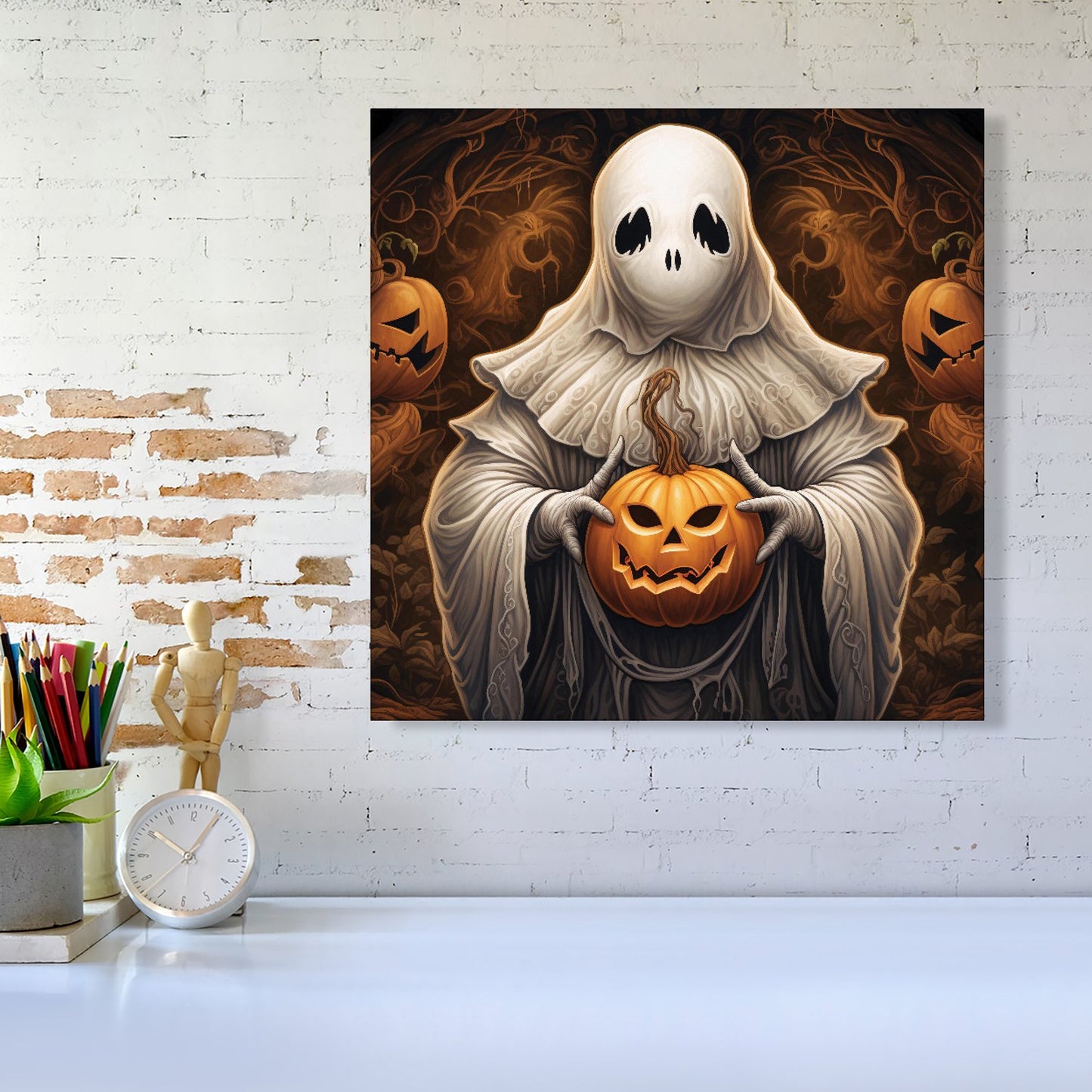 Spooky White Ghost Holding Pumpkin Canvas
