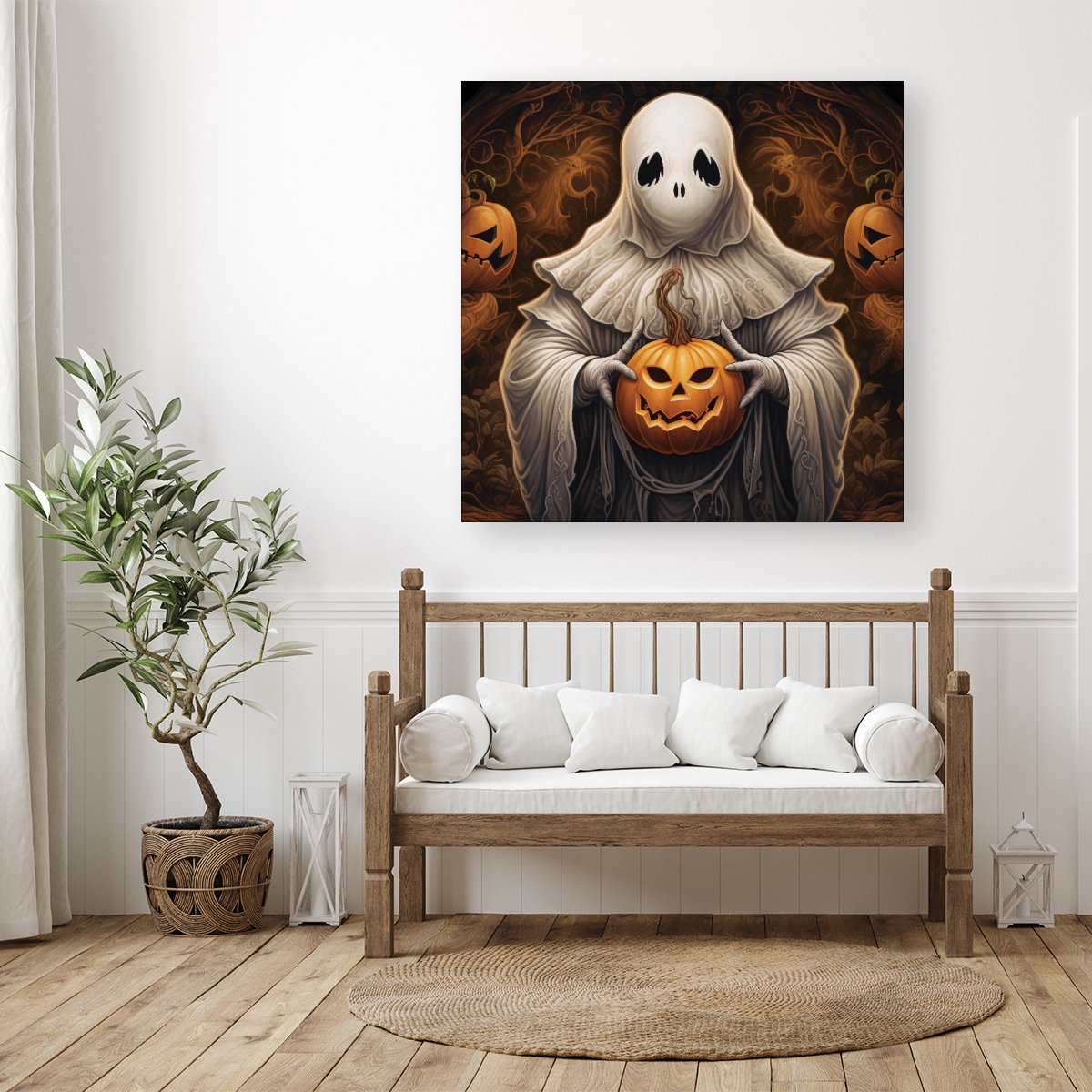 Spooky White Ghost Holding Pumpkin Canvas