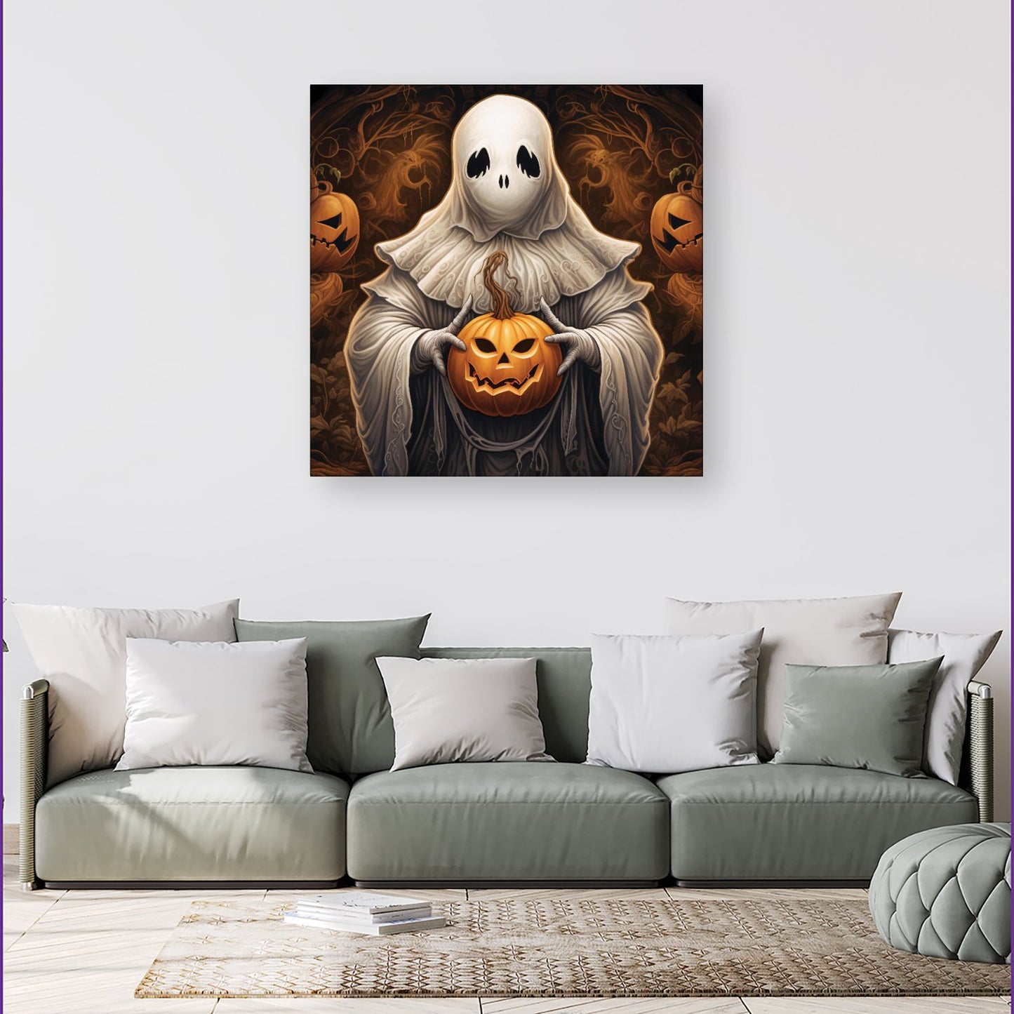 Spooky White Ghost Holding Pumpkin Canvas