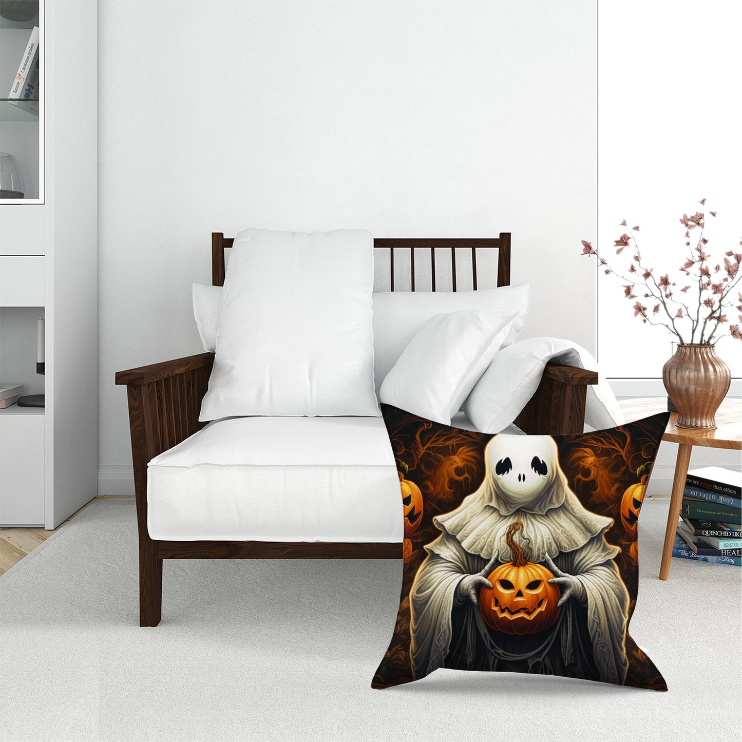 Spooky White Ghost Holding Pumpkin Floor Cushion