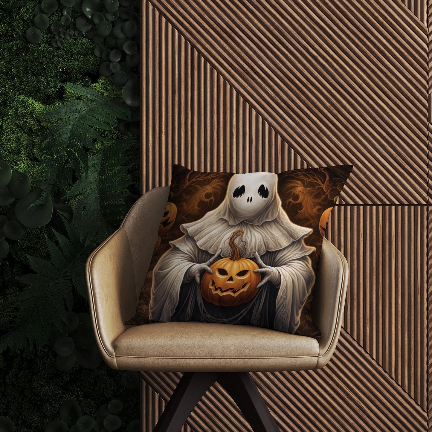 Spooky White Ghost Holding Pumpkin Outdoor Cushion