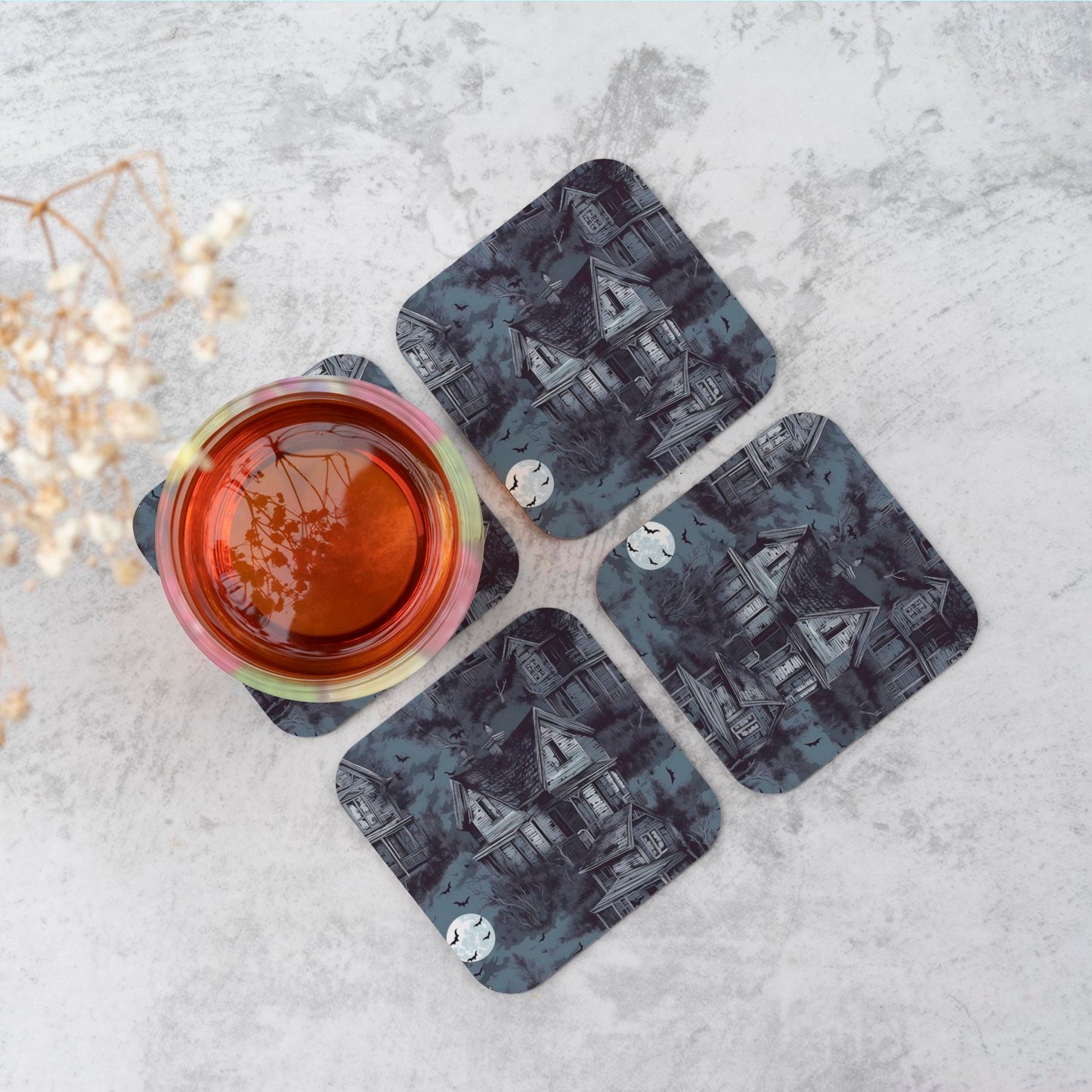 Spooky Shadowy Haunted House Coasters