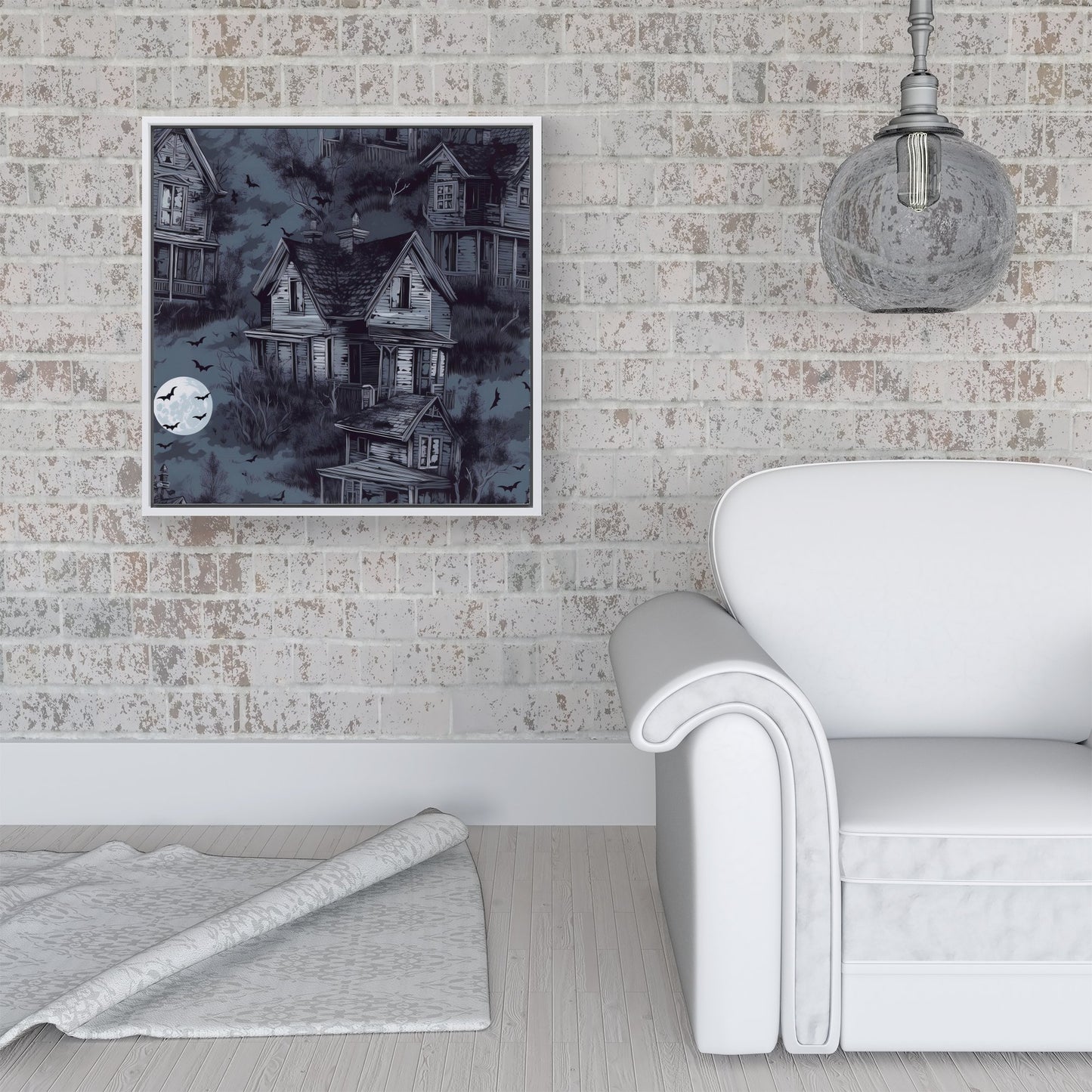 Spooky Shadowy Haunted House Framed Canvas