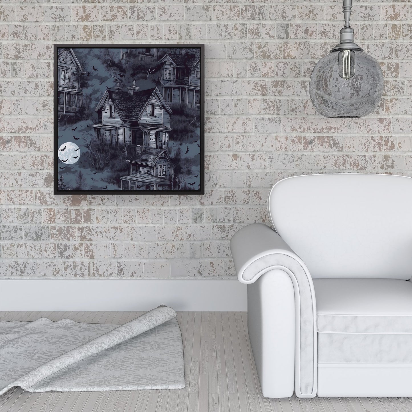 Spooky Shadowy Haunted House Framed Canvas