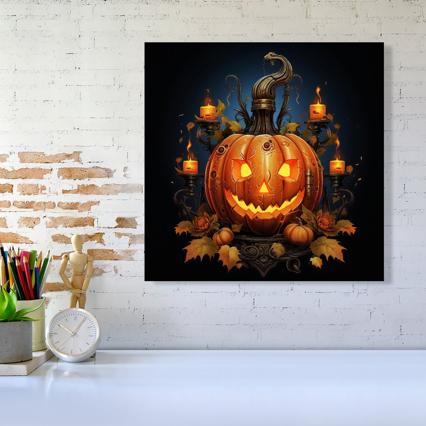 Spooy Pumpkin With Leaves And Small Candles Canvas